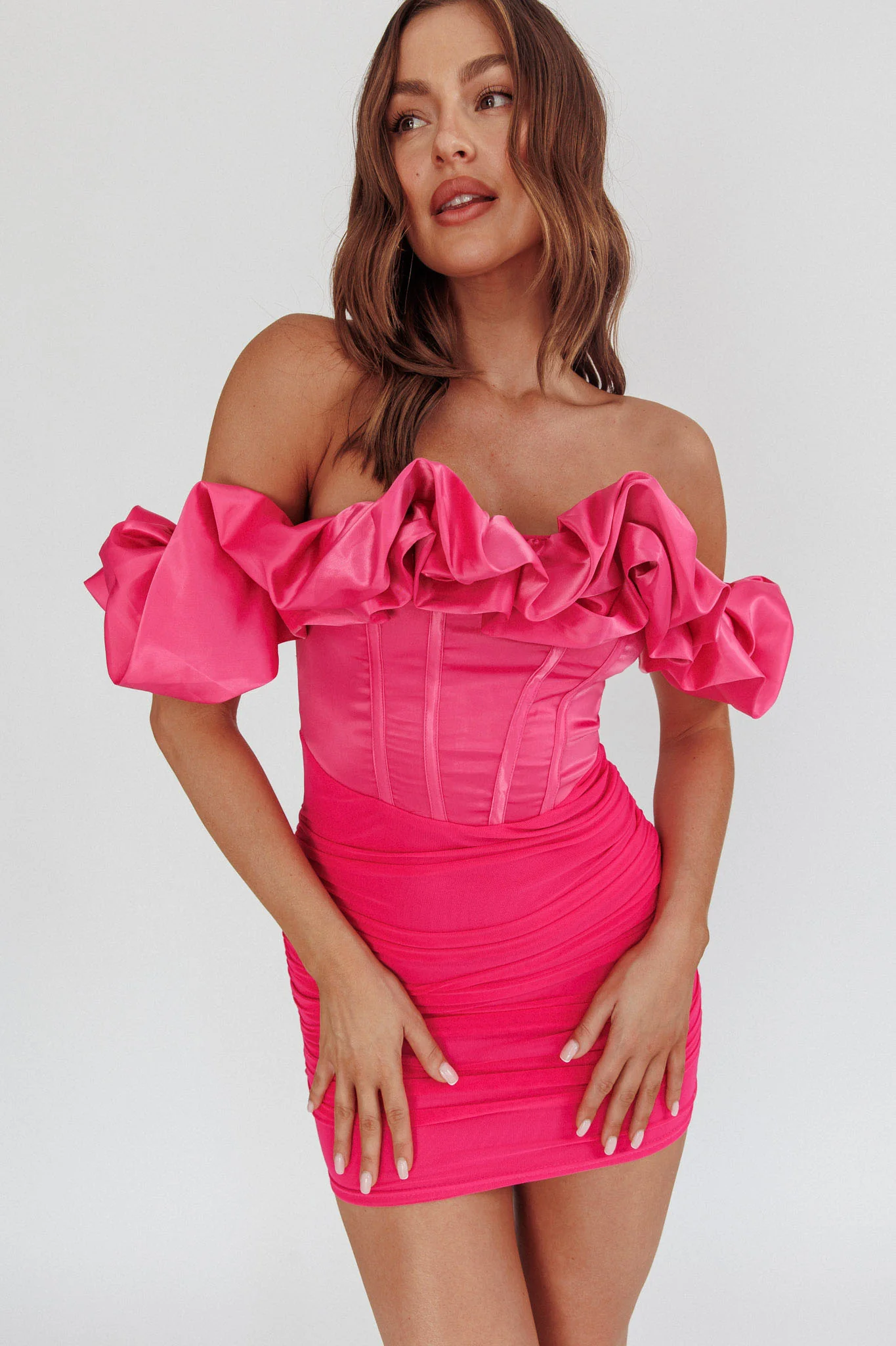 Arista Off-Shoulder Ruched Mini Dress Hot Pink - Image 2