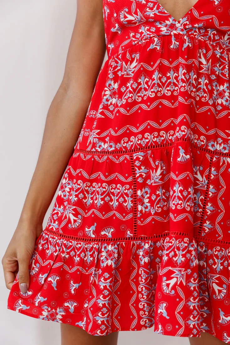 Ariya V-Neckline Frill Hem Sun Dress Red Print - Image 4