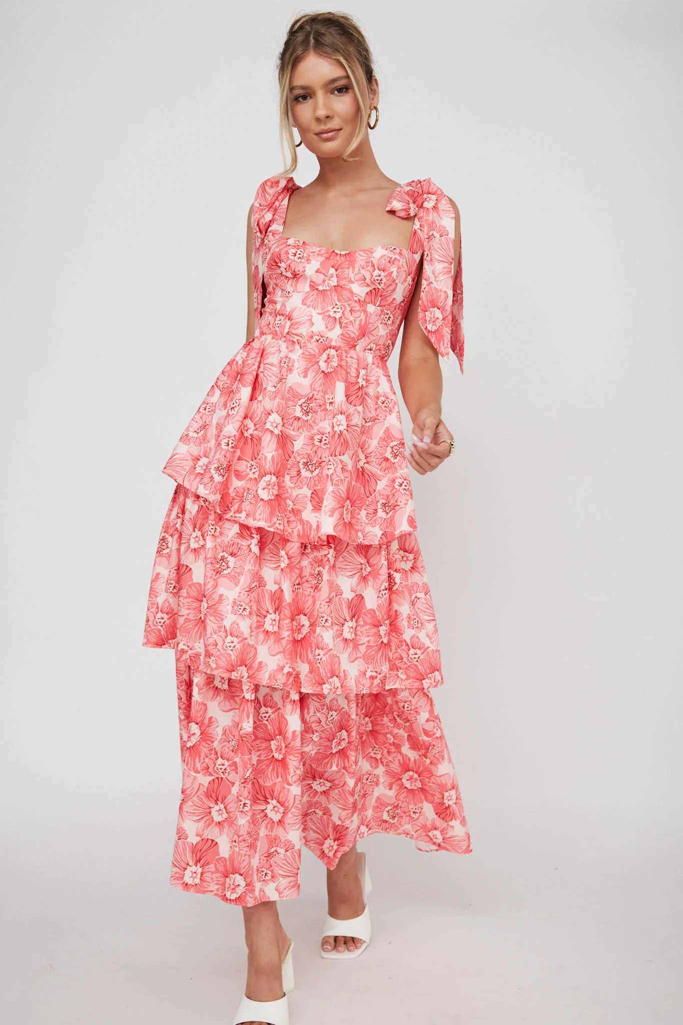 Arlowe Tied Shoulder Tiered Midi Dress Floral Pink - Image 2