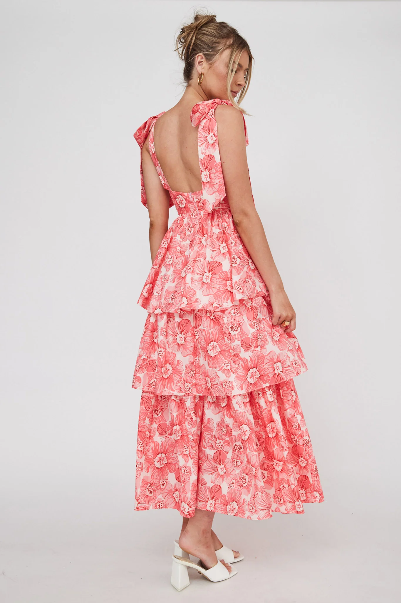 Arlowe Tied Shoulder Tiered Midi Dress Floral Pink - Image 3