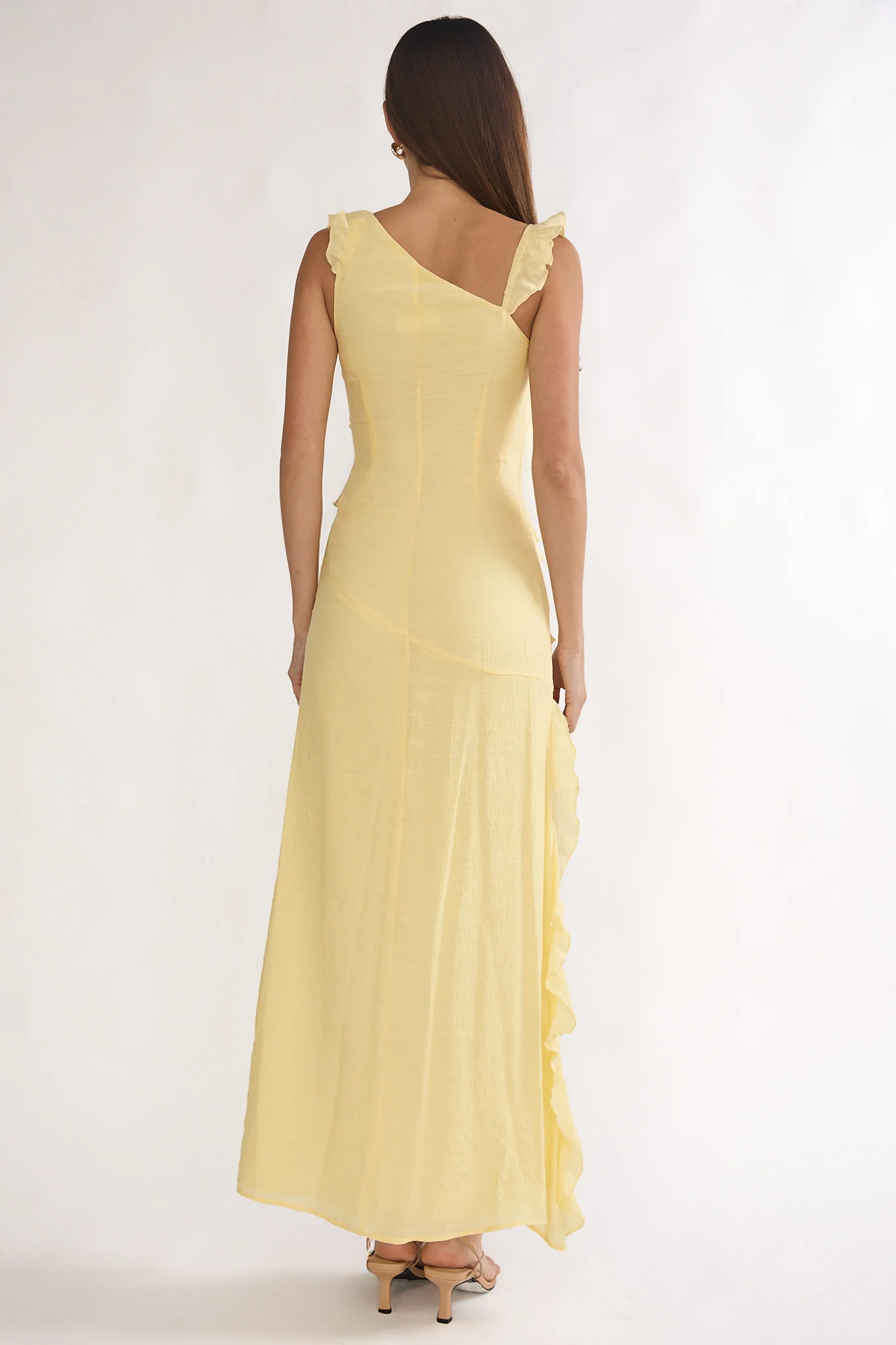 Arrabel Asymmetric Hem Ruffle Maxi Dress Lemon - Image 3