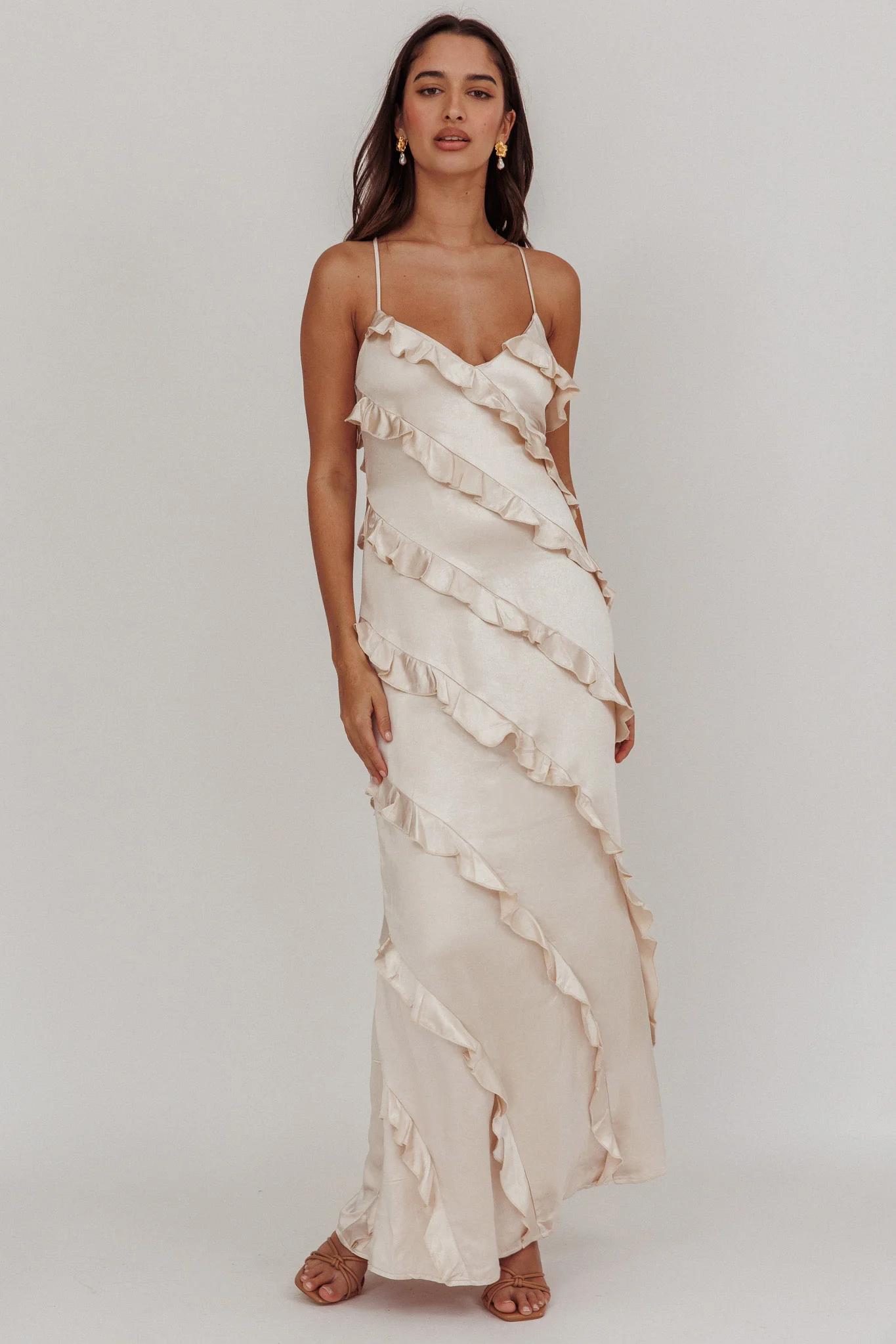Arrabel Ruffle Trim Maxi Dress Champagne - Image 5