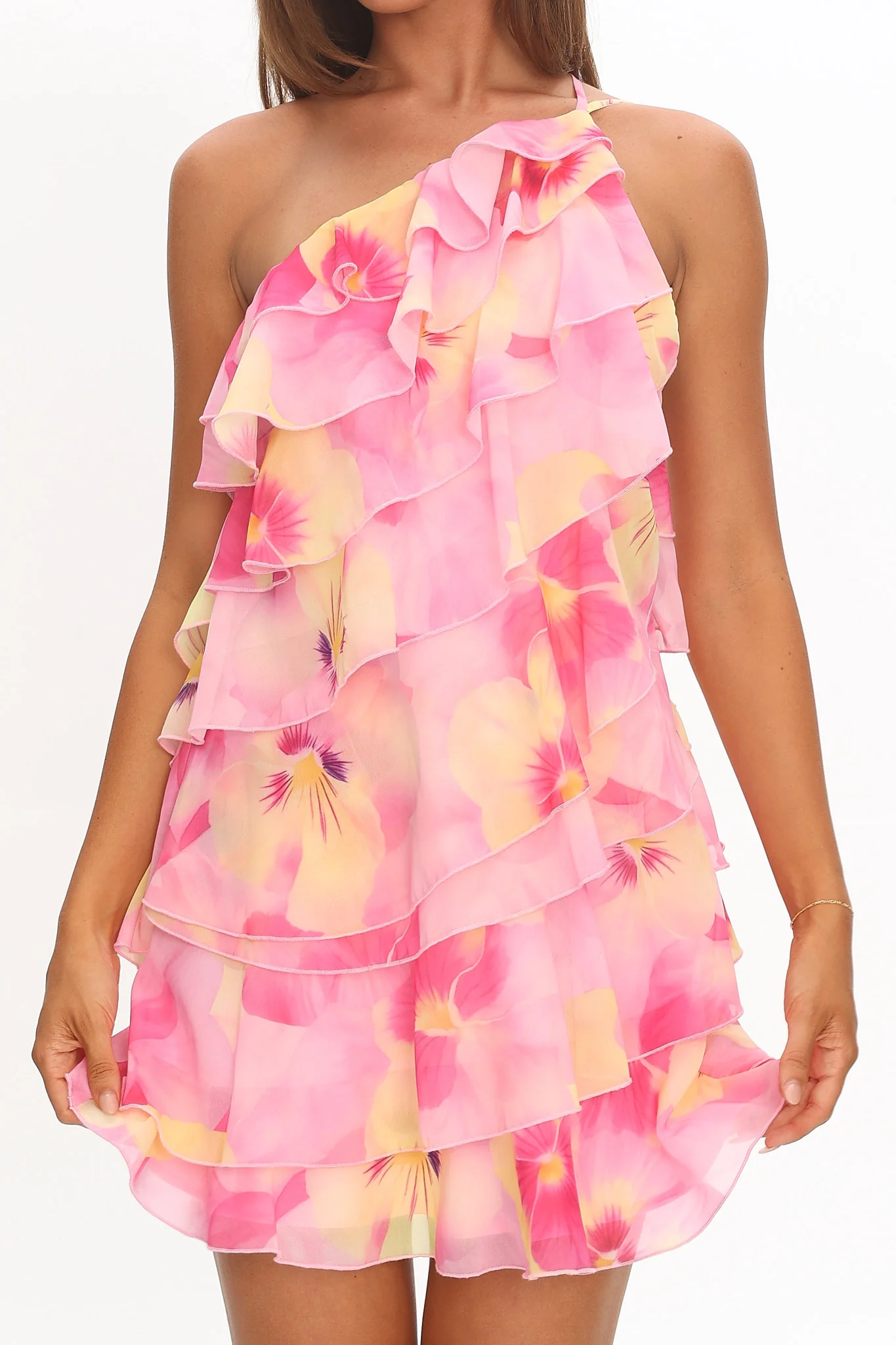 Arrabel Ruffle Trim One-Shoulder Mini Dress Floral Pink - Image 4