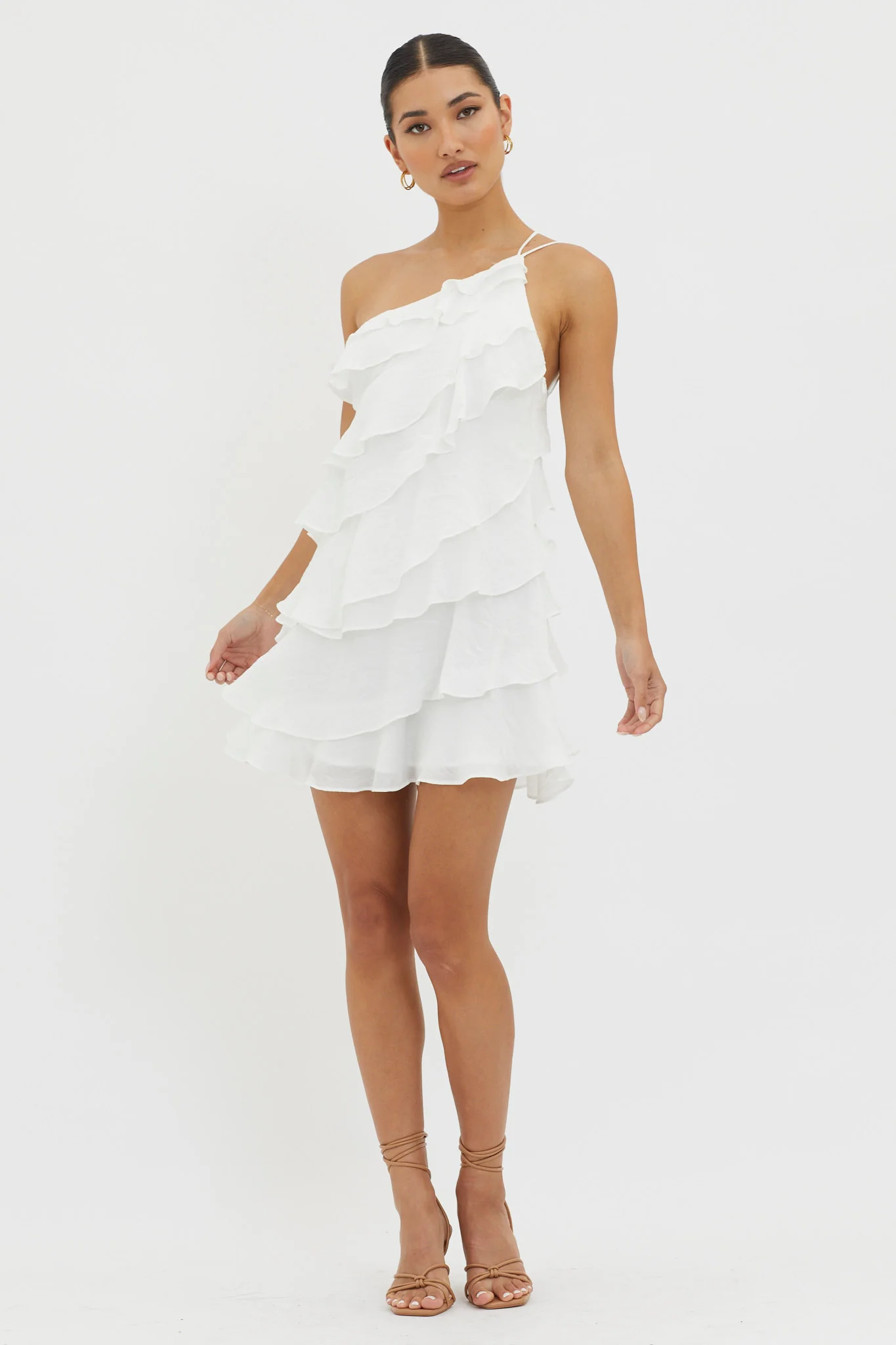Arrabel Tiered Ruffle Mini Dress White - Image 4