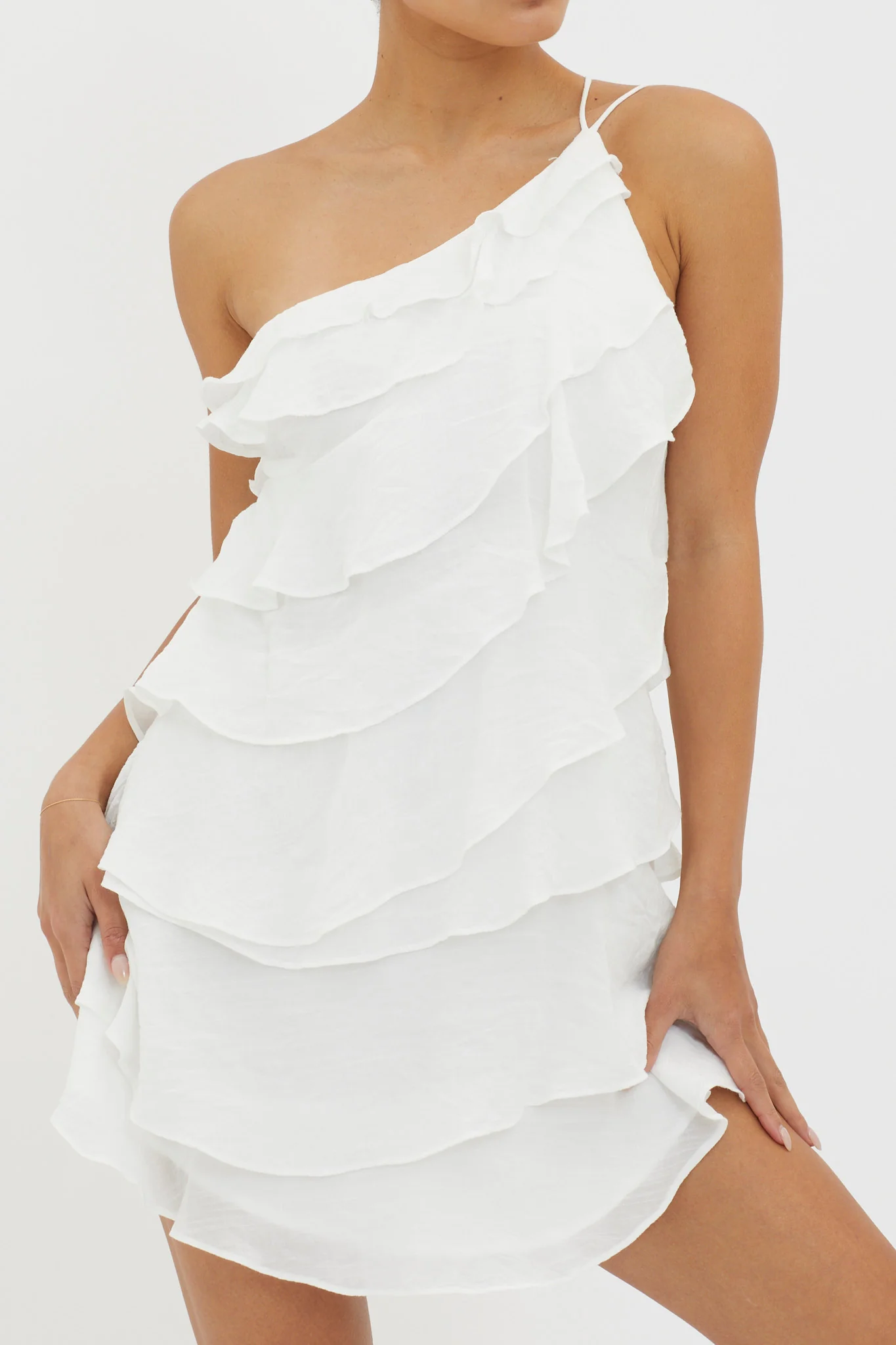 Arrabel Tiered Ruffle Mini Dress White - Image 5