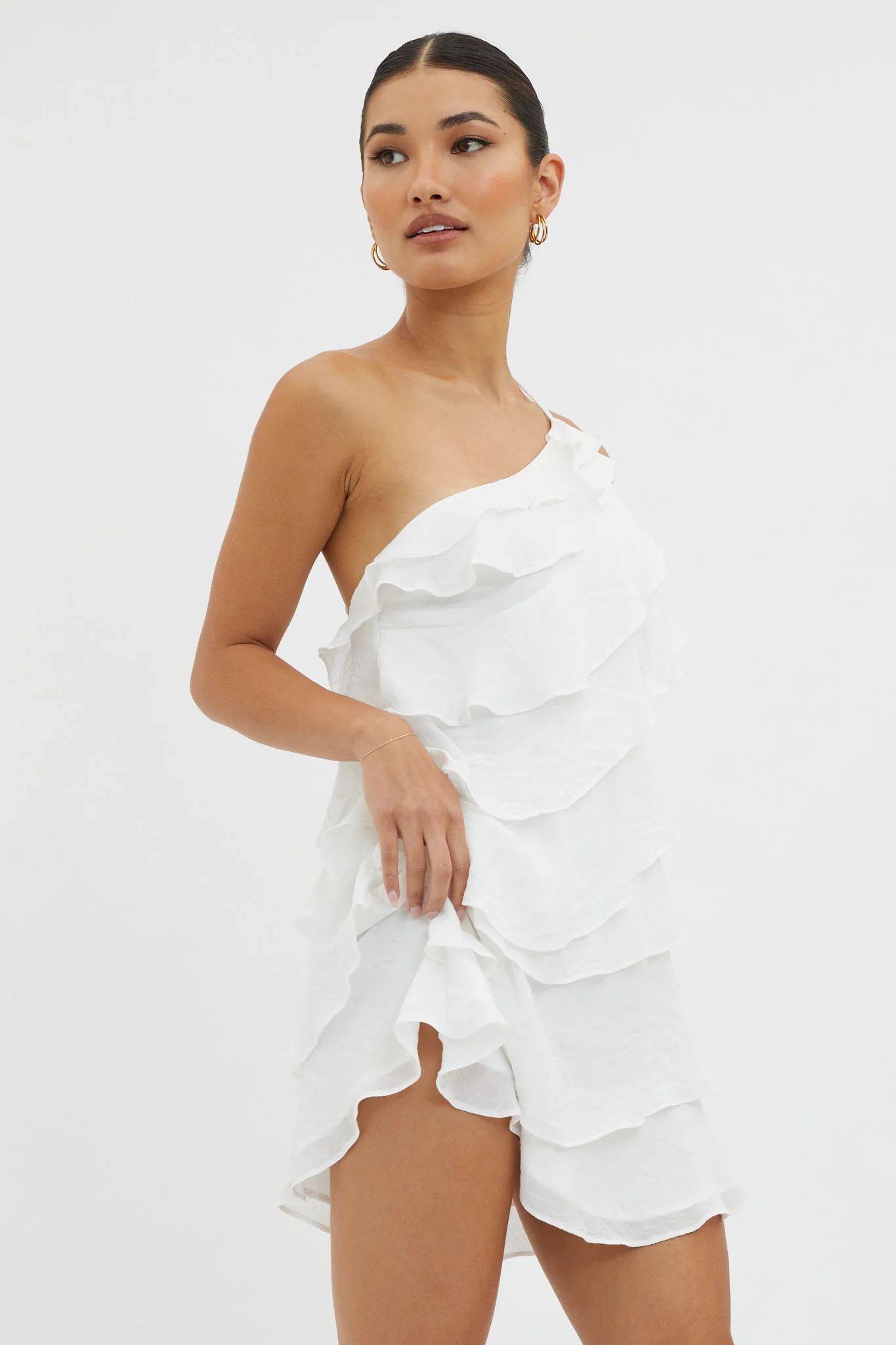 Arrabel Tiered Ruffle Mini Dress White - Image 6
