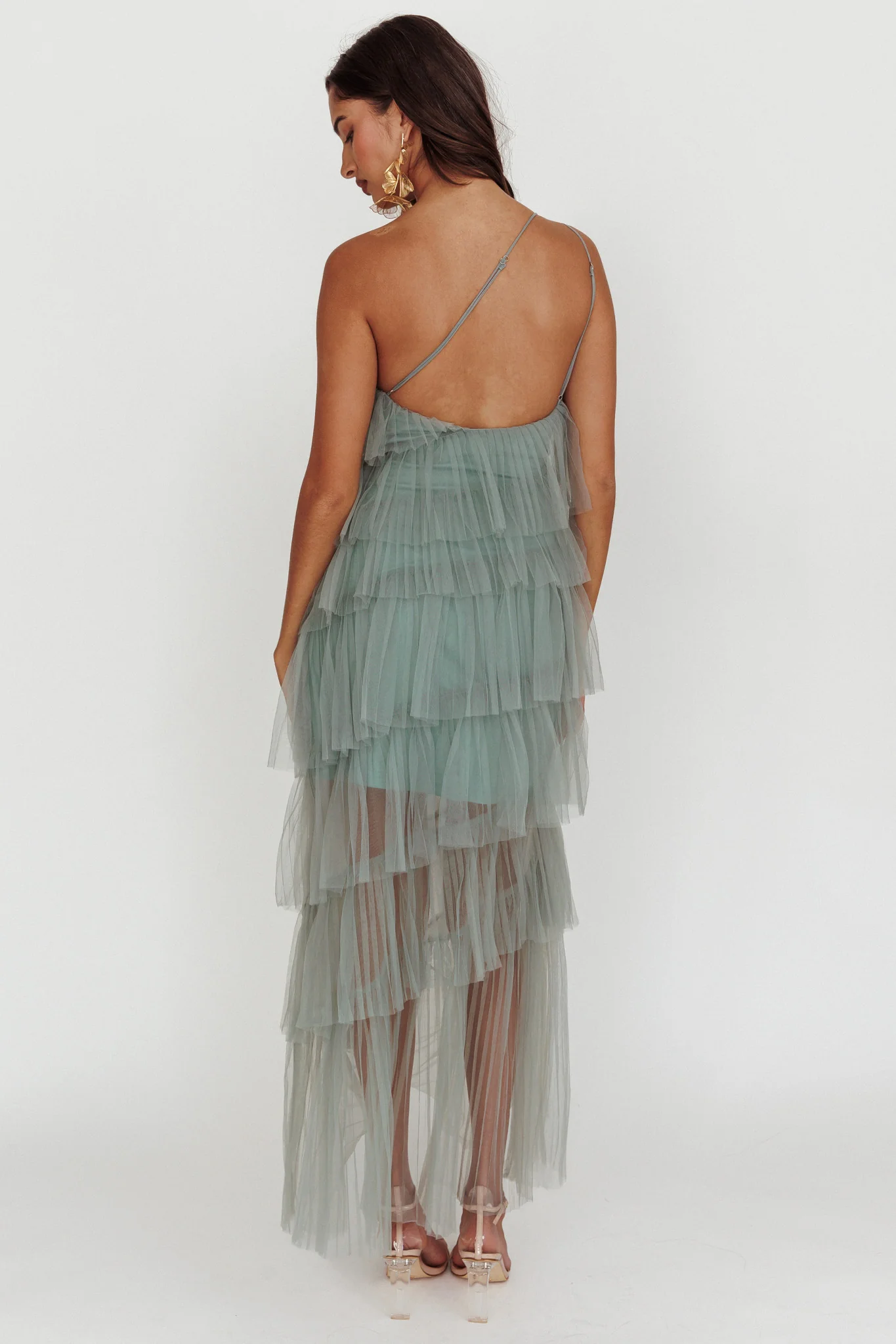 Arrabel Tiered Ruffle Tulle Maxi Dress Sage - Image 2