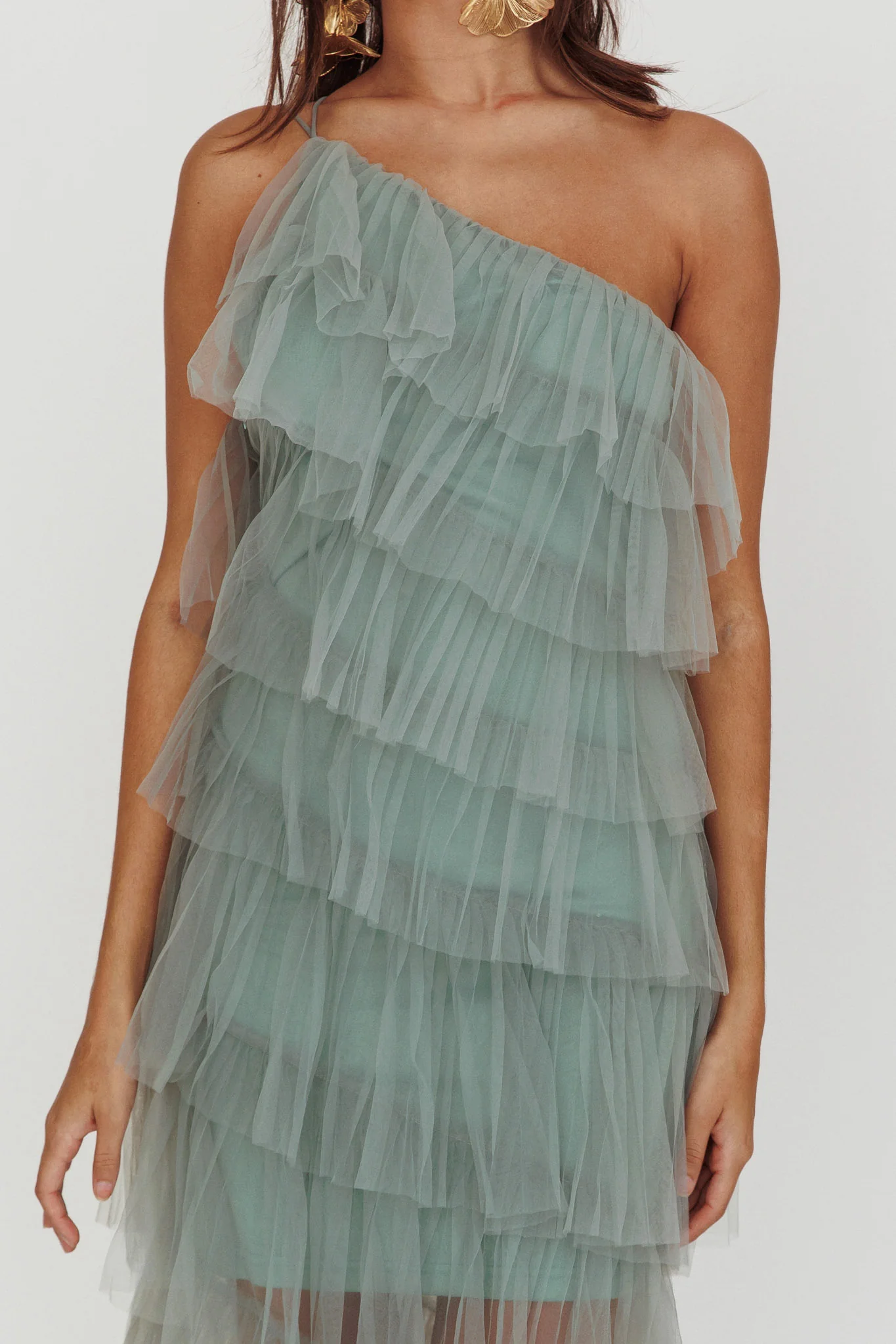 Arrabel Tiered Ruffle Tulle Maxi Dress Sage - Image 4