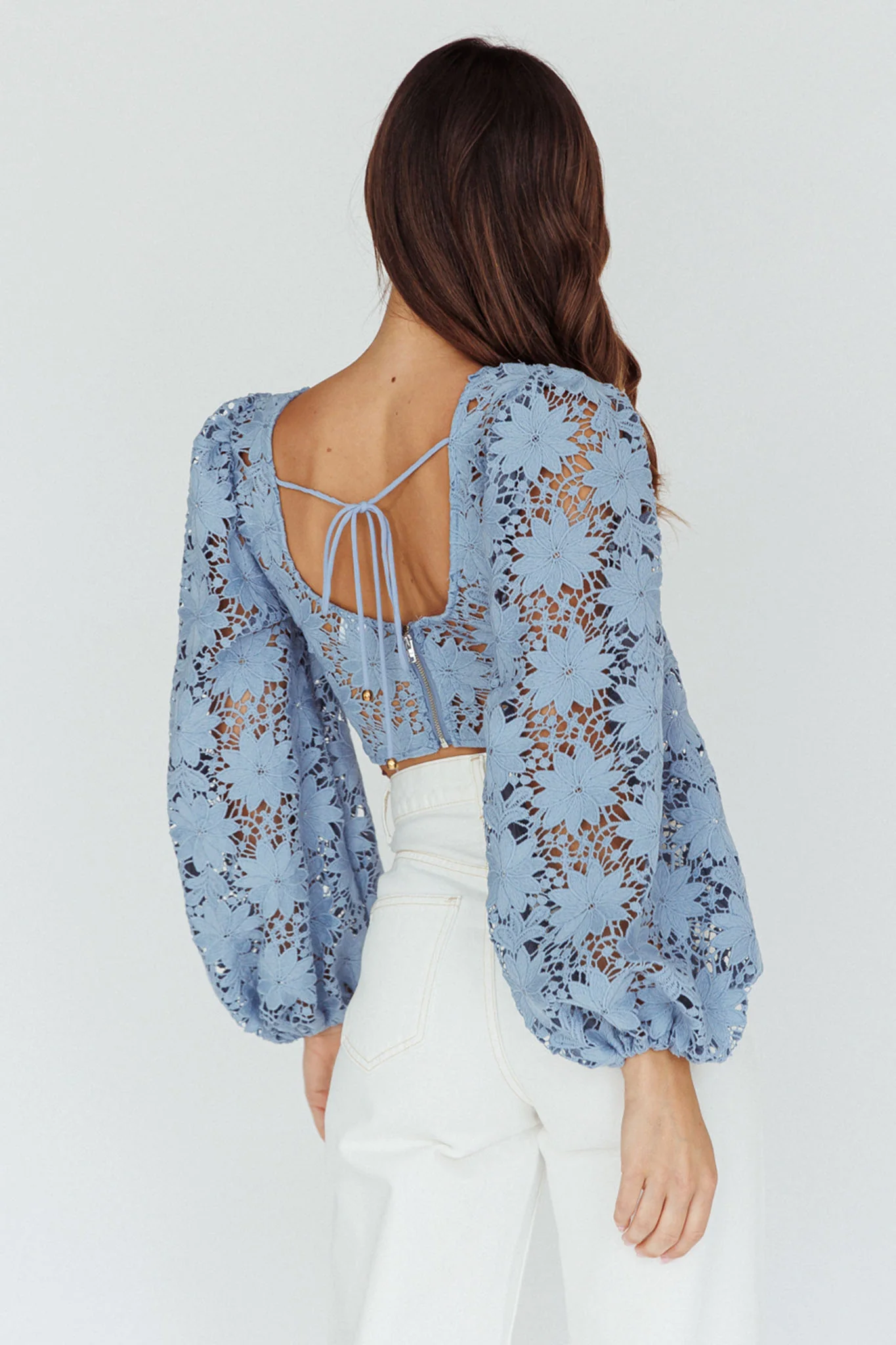 Arriana Balloon Sleeve Lace Crop Top Blue - Image 2