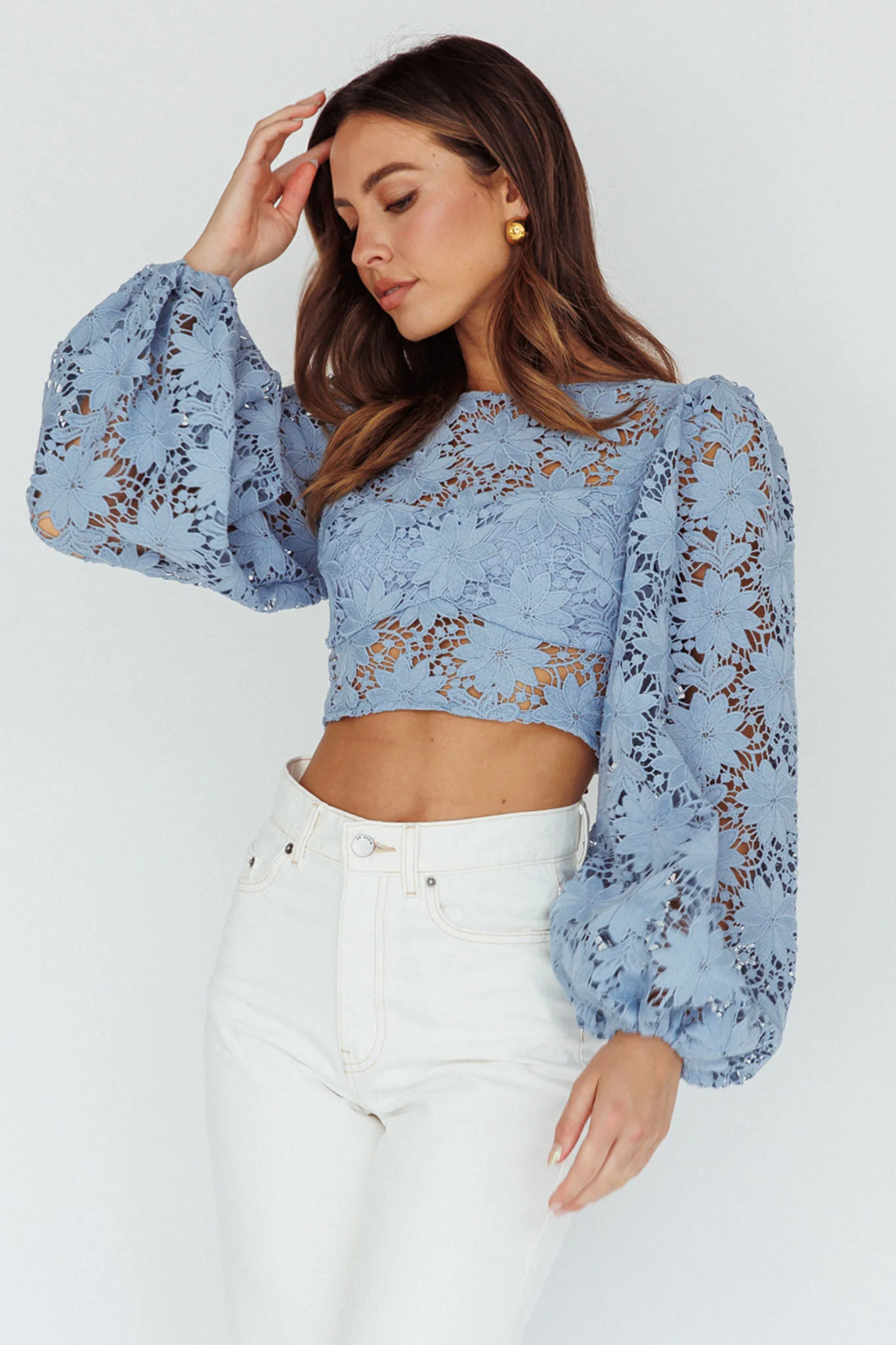 Arriana Balloon Sleeve Lace Crop Top Blue - Image 5