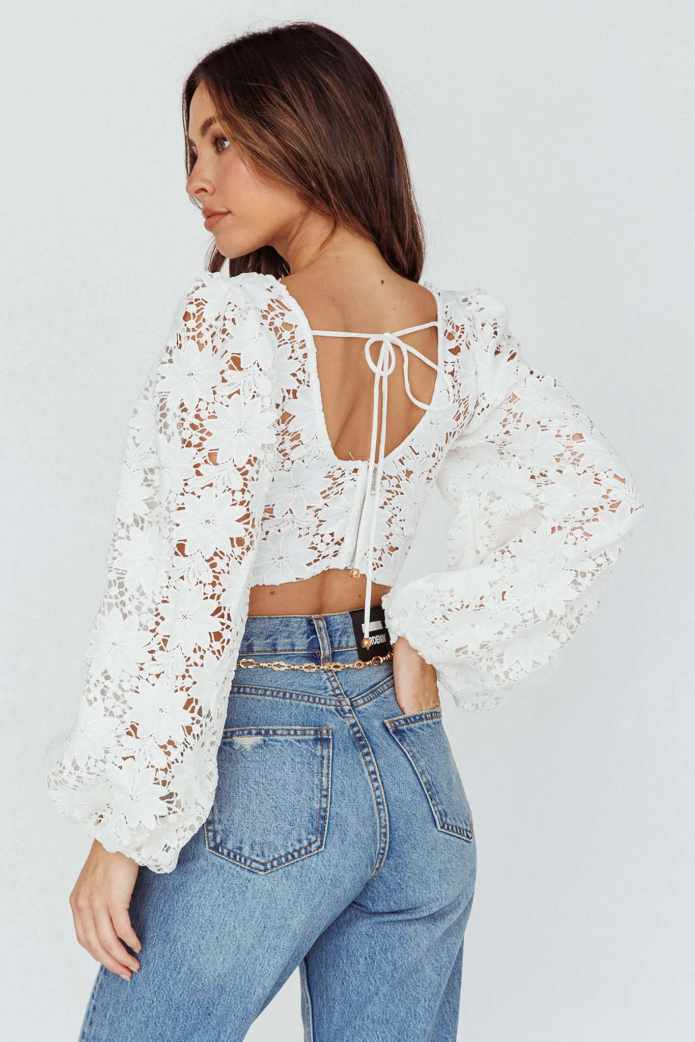 Arriana Balloon Sleeve Lace Crop Top White - Image 2