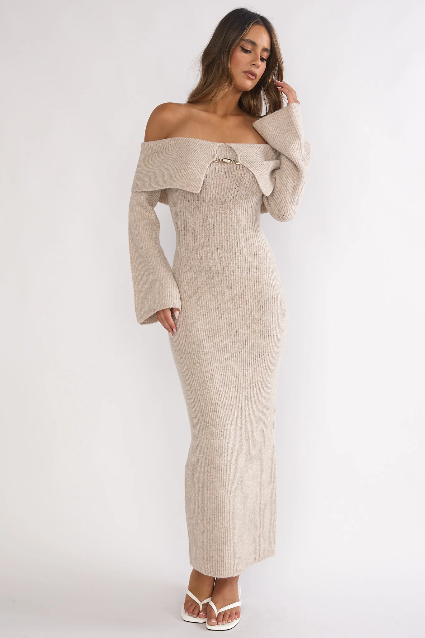 Arwyn Foldover Off-Shoulder Knit Maxi Dress Quinoa - Image 5