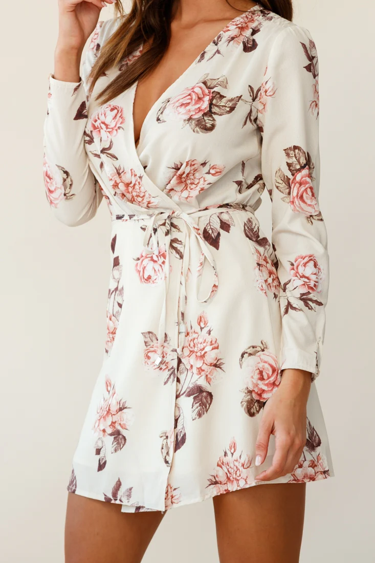 Aryanna Floral Darling Wrap Dress Beige - Image 4