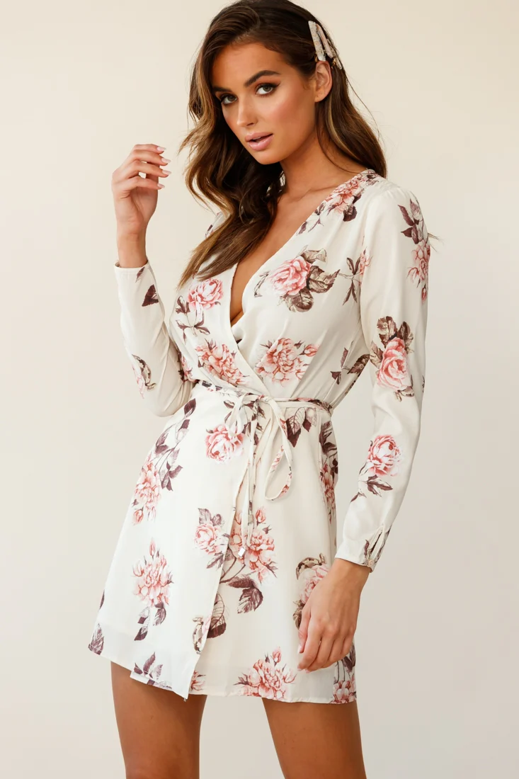 Aryanna Floral Darling Wrap Dress Beige - Image 7