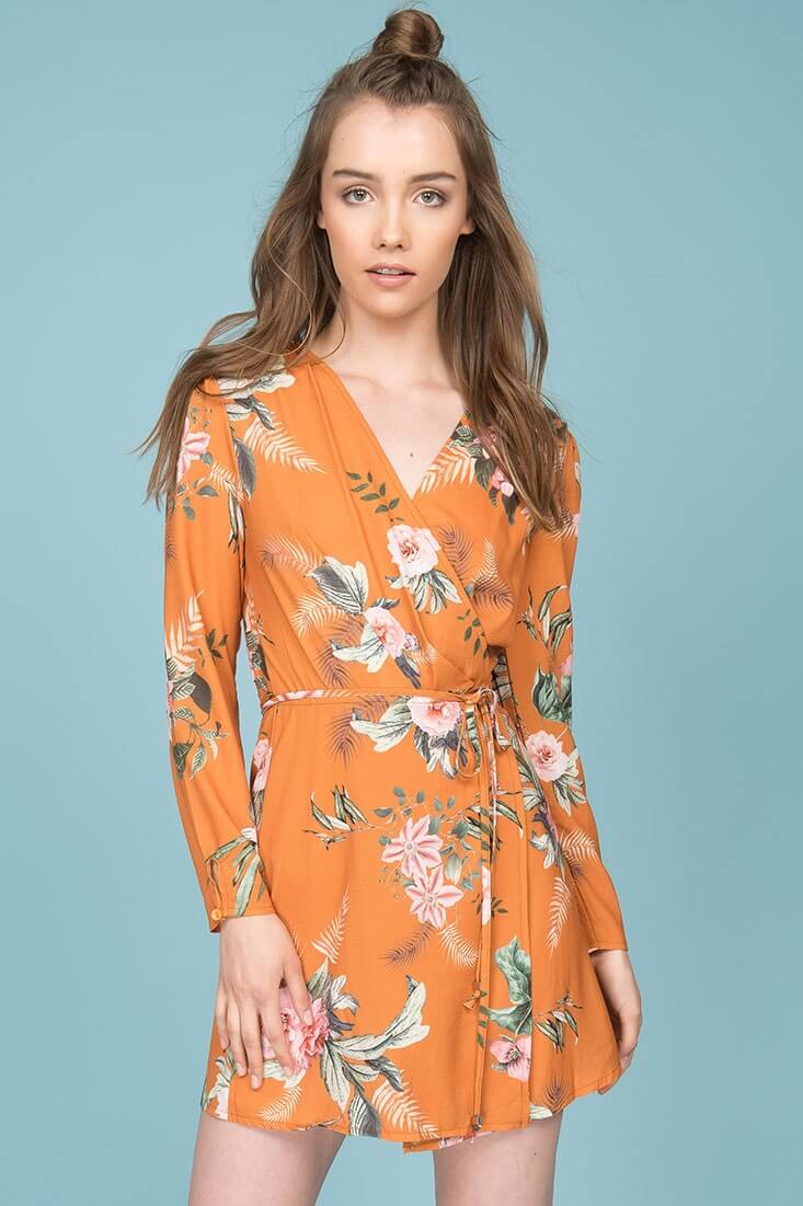 Aryanna Floral Wrap Dress Orange Mustard - Image 2