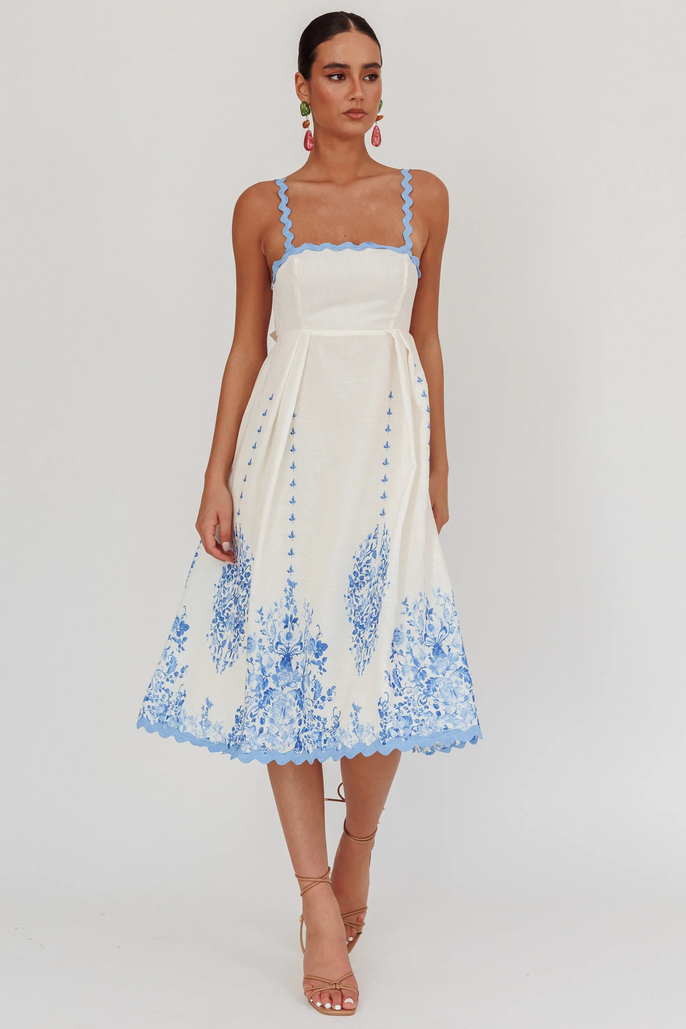 Asami Floral Print Ric Rac Trim Midi Dress Blue - Image 4