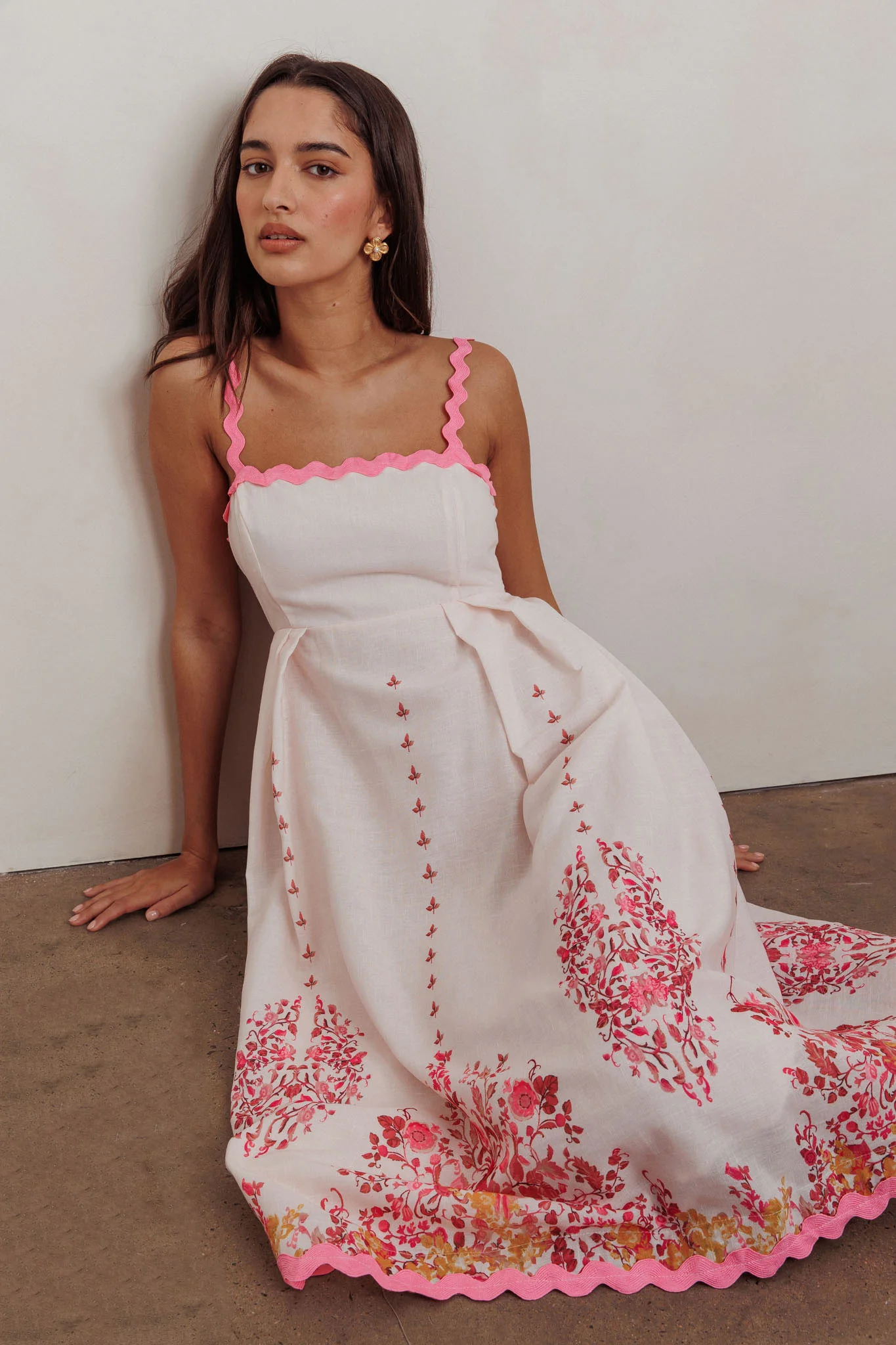 Asami Floral Print Ric Rac Trim Midi Dress Blush - Image 6