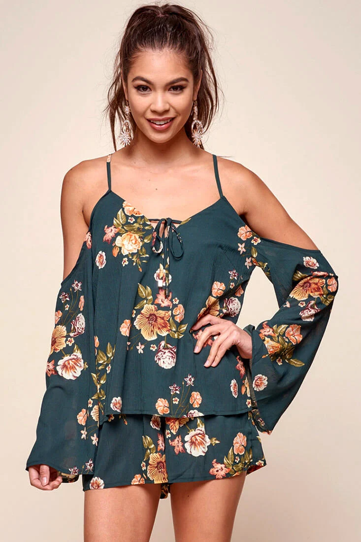 Ashanti Off the Shoulder Layered Floral Romper Khaki - Image 5