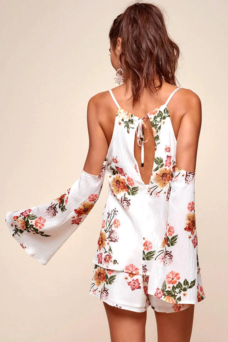 Ashanti Off the Shoulder Layered Floral Romper White - Image 4