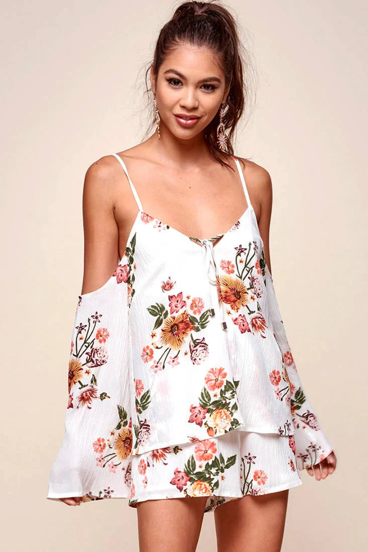 Ashanti Off the Shoulder Layered Floral Romper White - Image 5