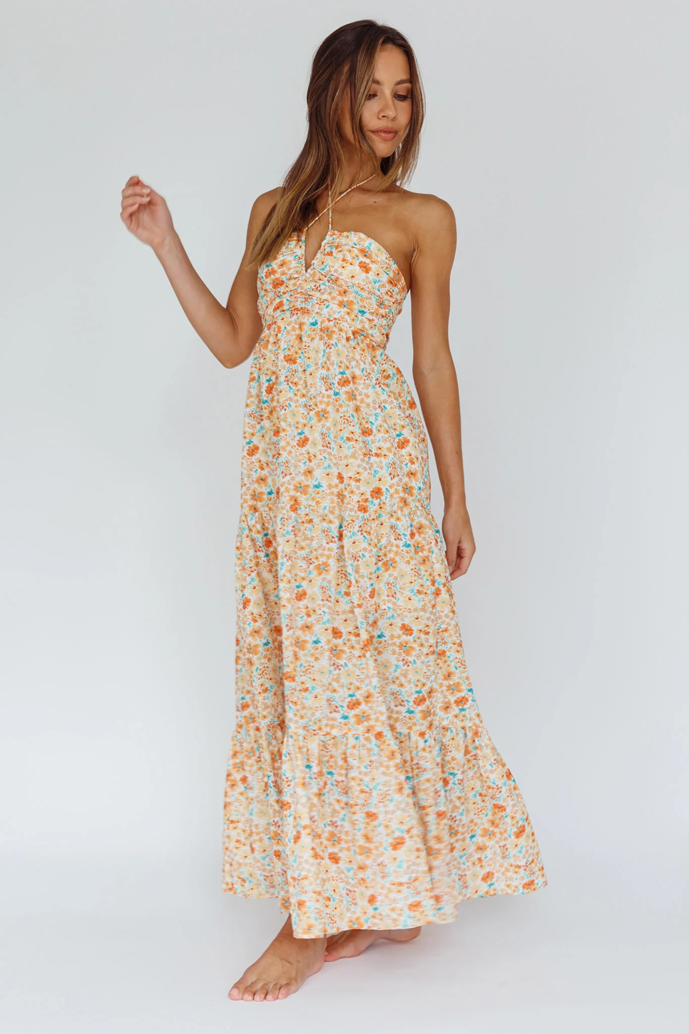 Asiah Halterneck Maxi Dress Flowers Orange - Image 3