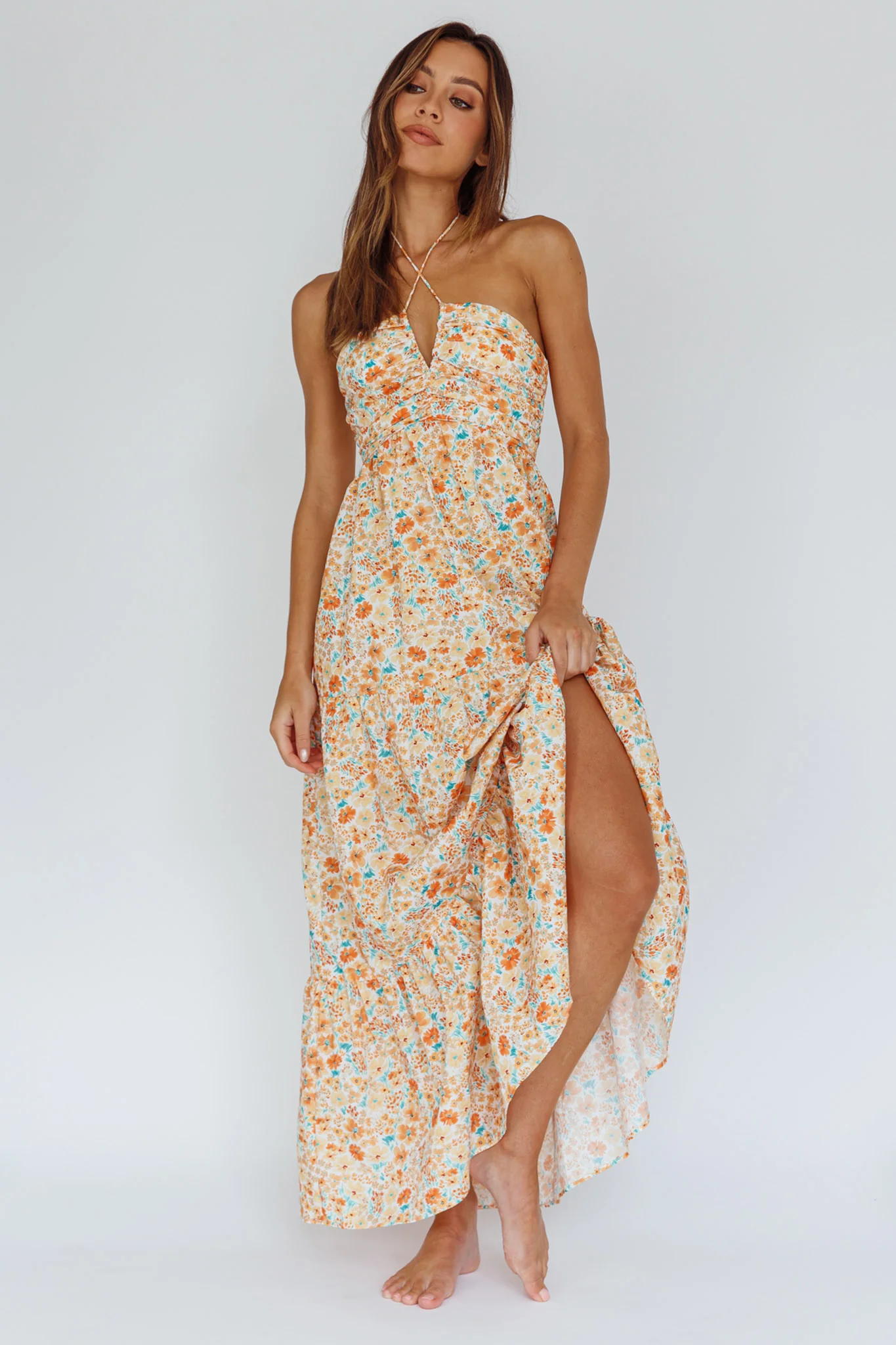 Asiah Halterneck Maxi Dress Flowers Orange - Image 5