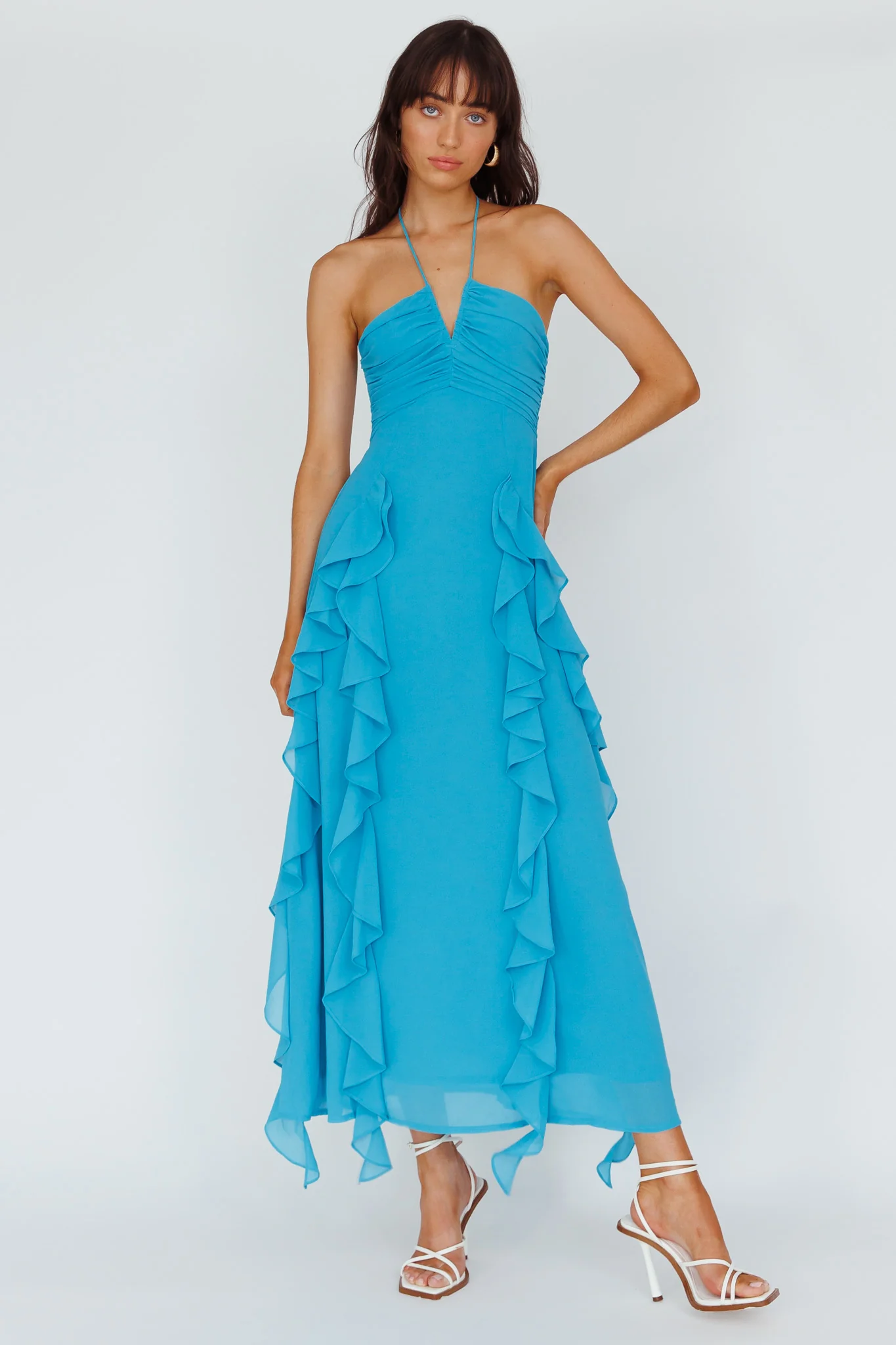 Asiah Ruffle Trim Halterneck Maxi Dress Cerulean Blue - Image 3