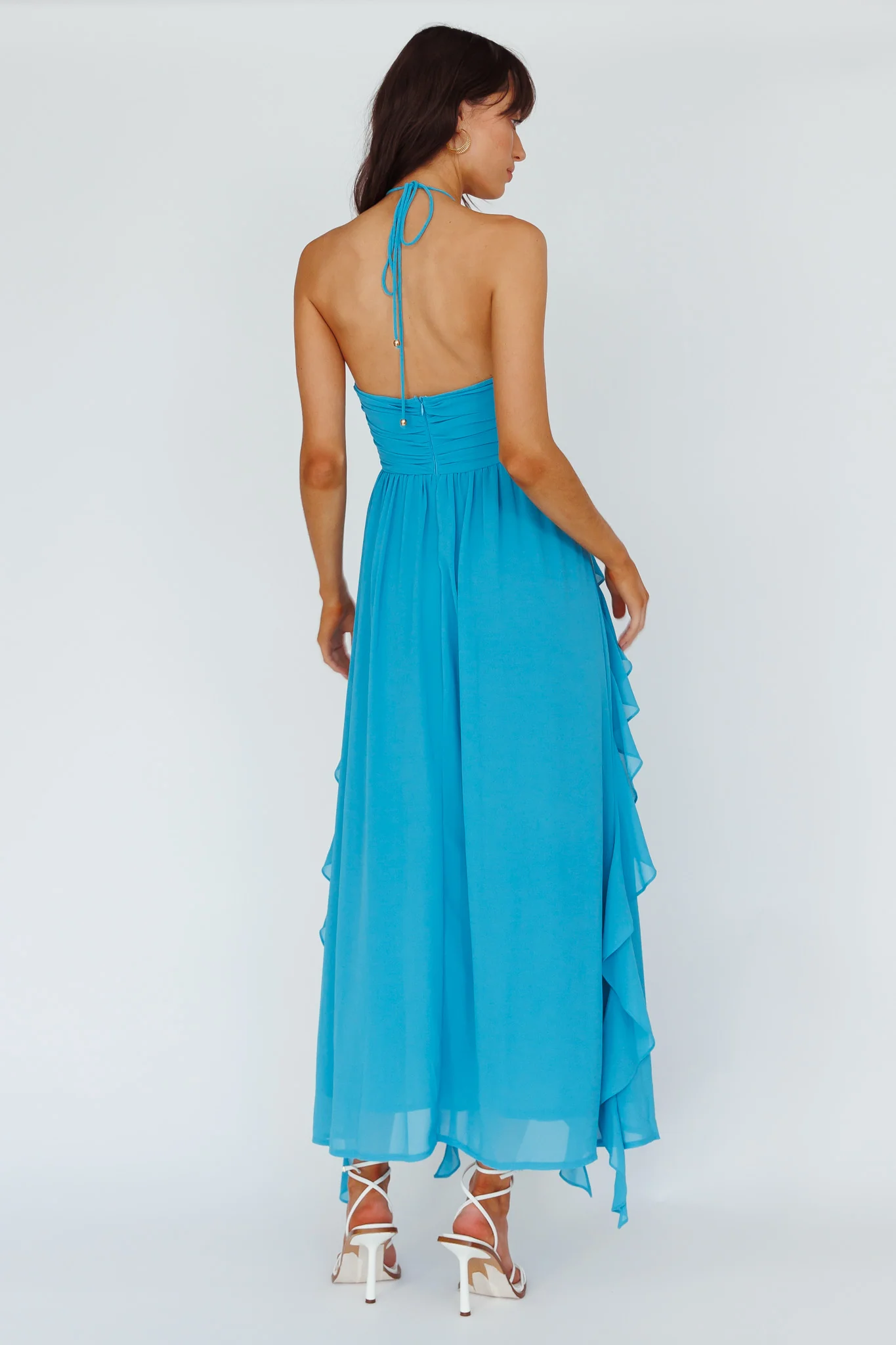 Asiah Ruffle Trim Halterneck Maxi Dress Cerulean Blue - Image 4