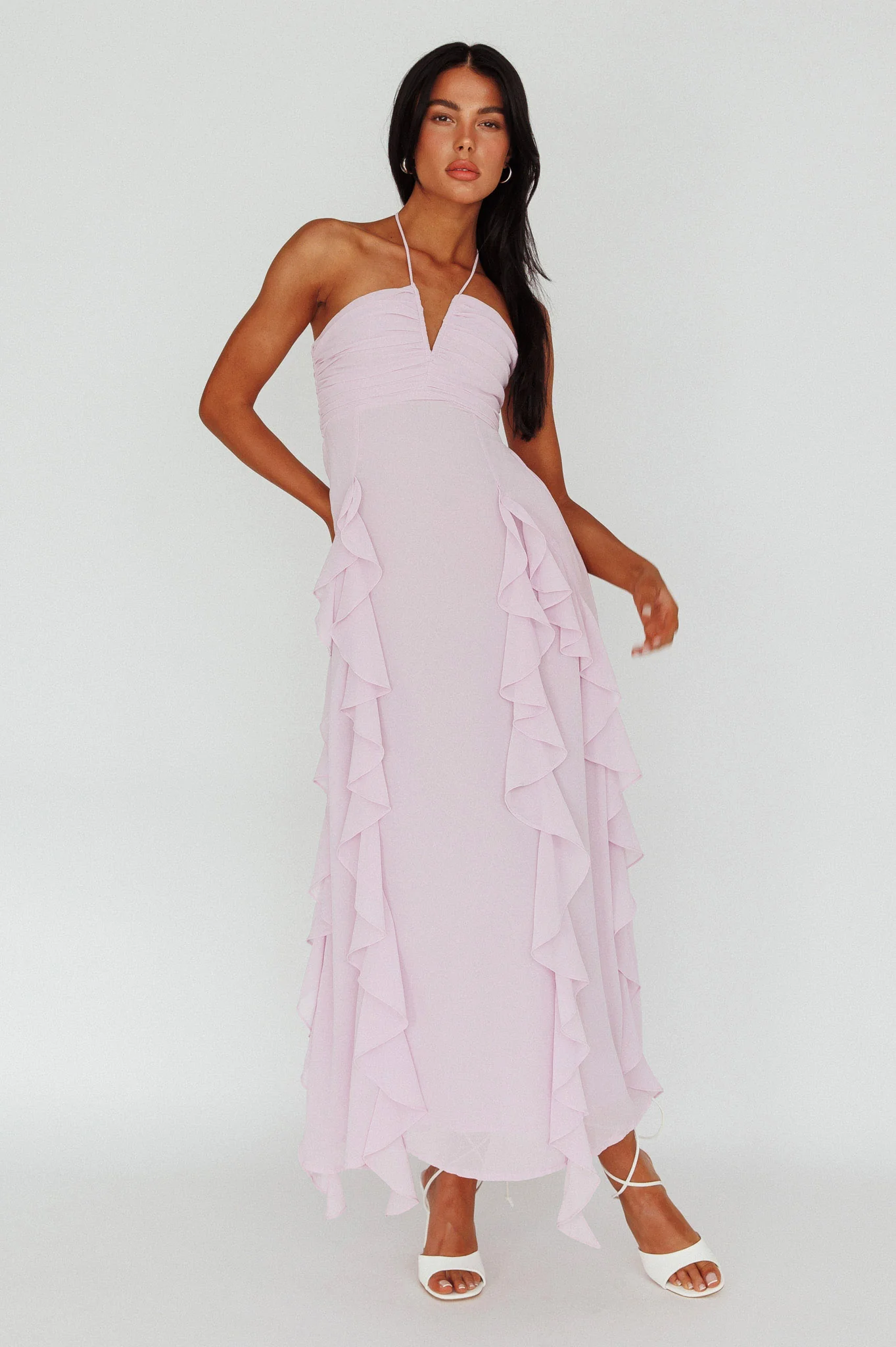 Asiah Ruffle Trim Halterneck Maxi Dress Lavender - Image 5
