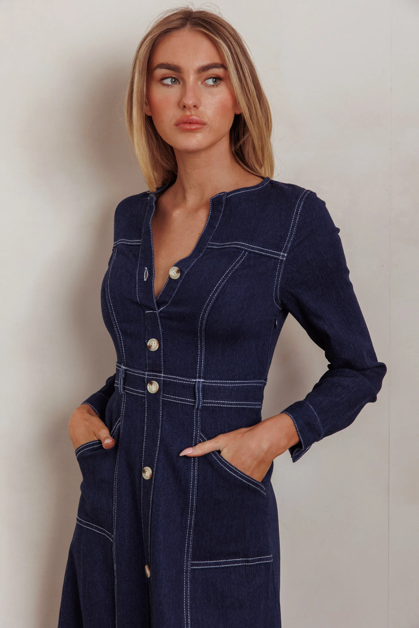 Aspen Love Front Pocket Long Sleeve Midi Dress Indigo - Image 2