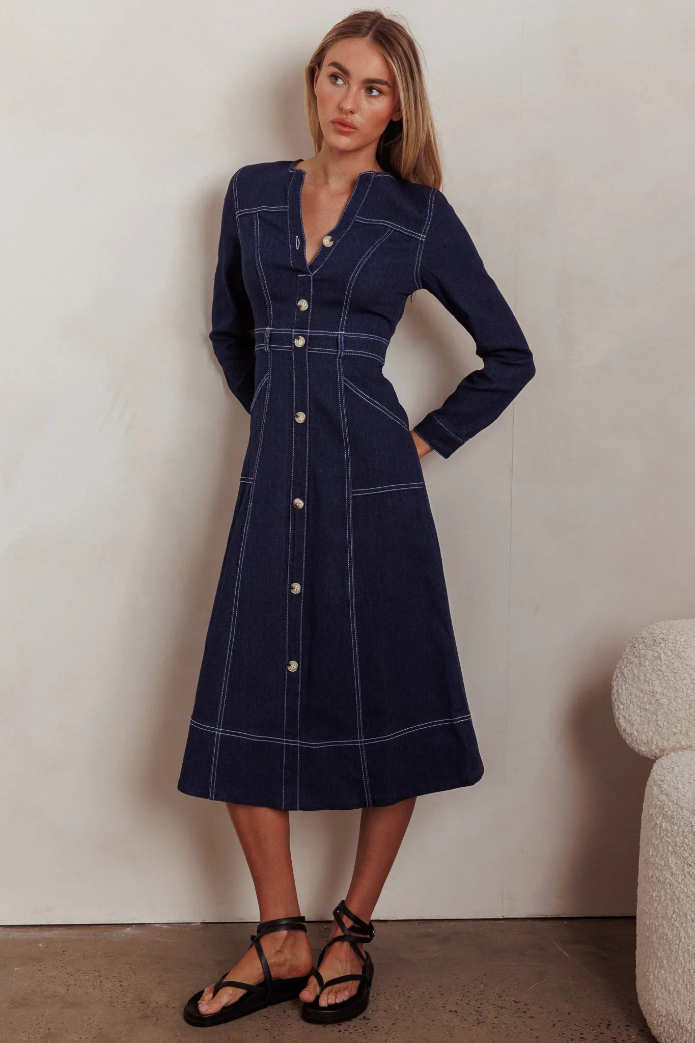 Aspen Love Front Pocket Long Sleeve Midi Dress Indigo - Image 4