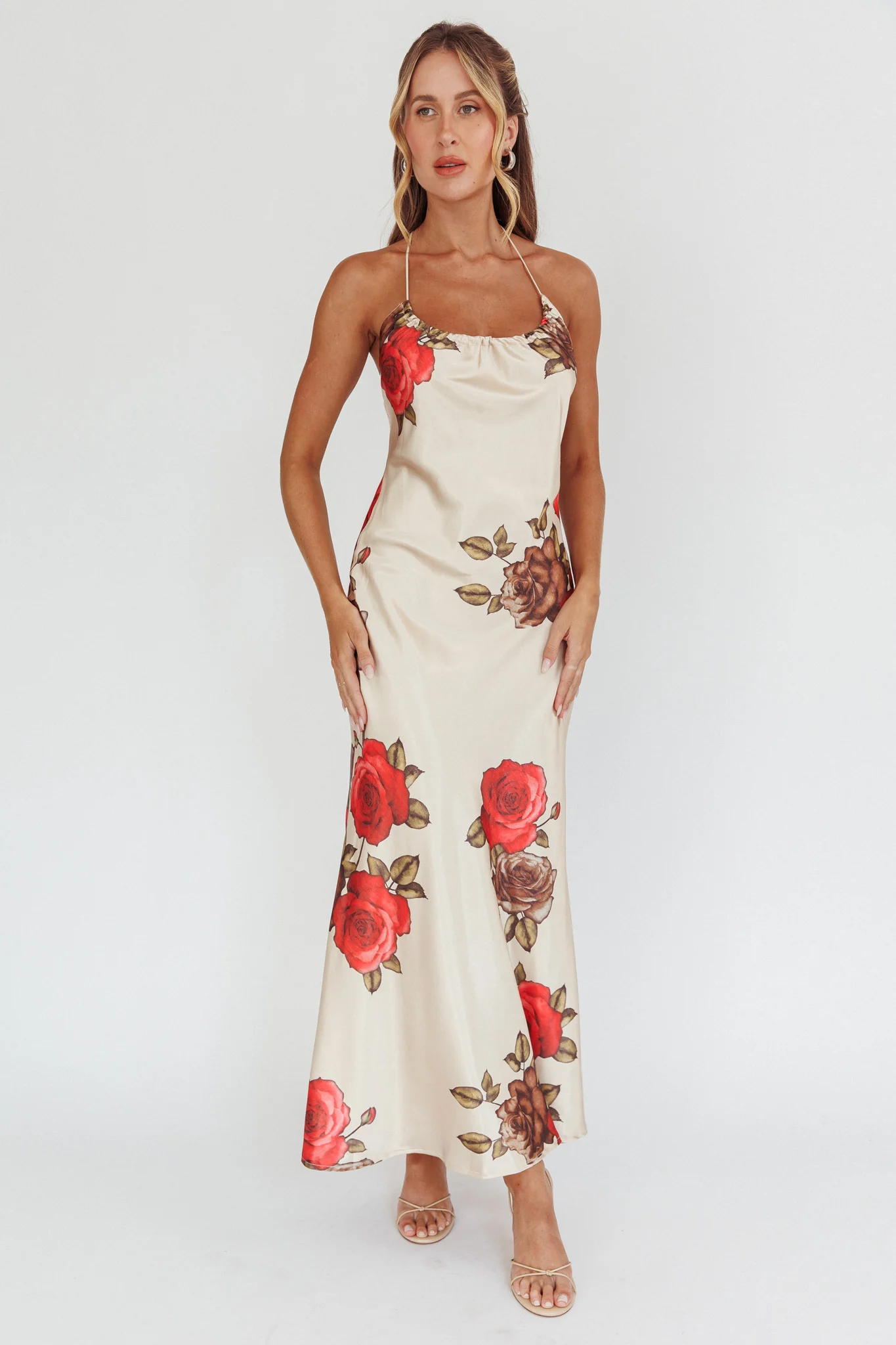 Aspen Spring Lace-Up Back Maxi Dress Floral Beige - Image 5