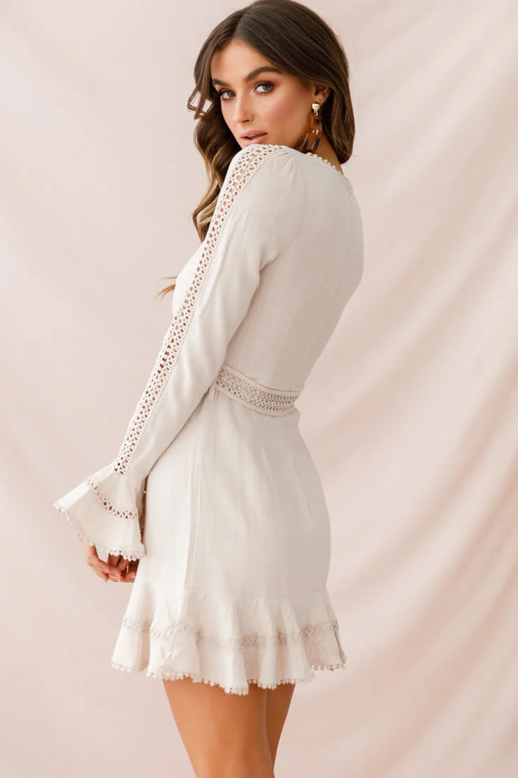 Aspley Flare Cuff Waist Tie Dress Beige - Image 7