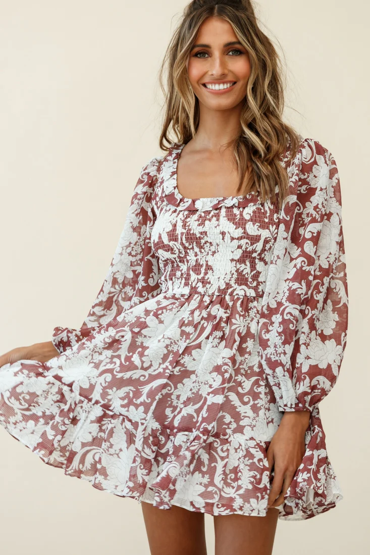 Athaliah Shirred Bust Balloon Sleeve Dress Ornate Print Maroon - Image 2