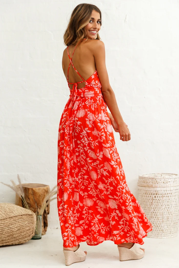 Athena High Split Maxi Dress Floral Print Red - Image 11