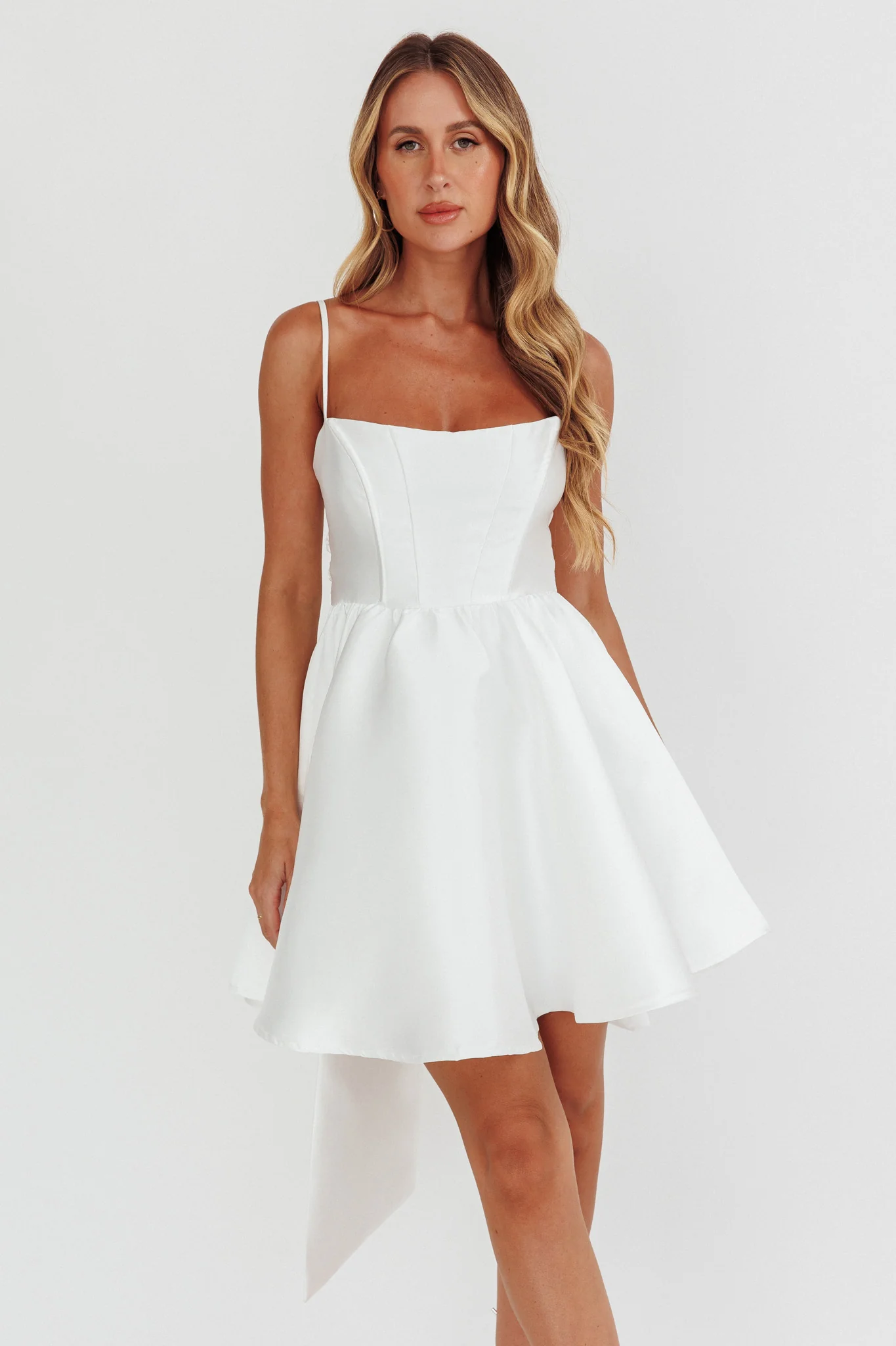 Athens Flared Bow Mini Dress White - Image 6