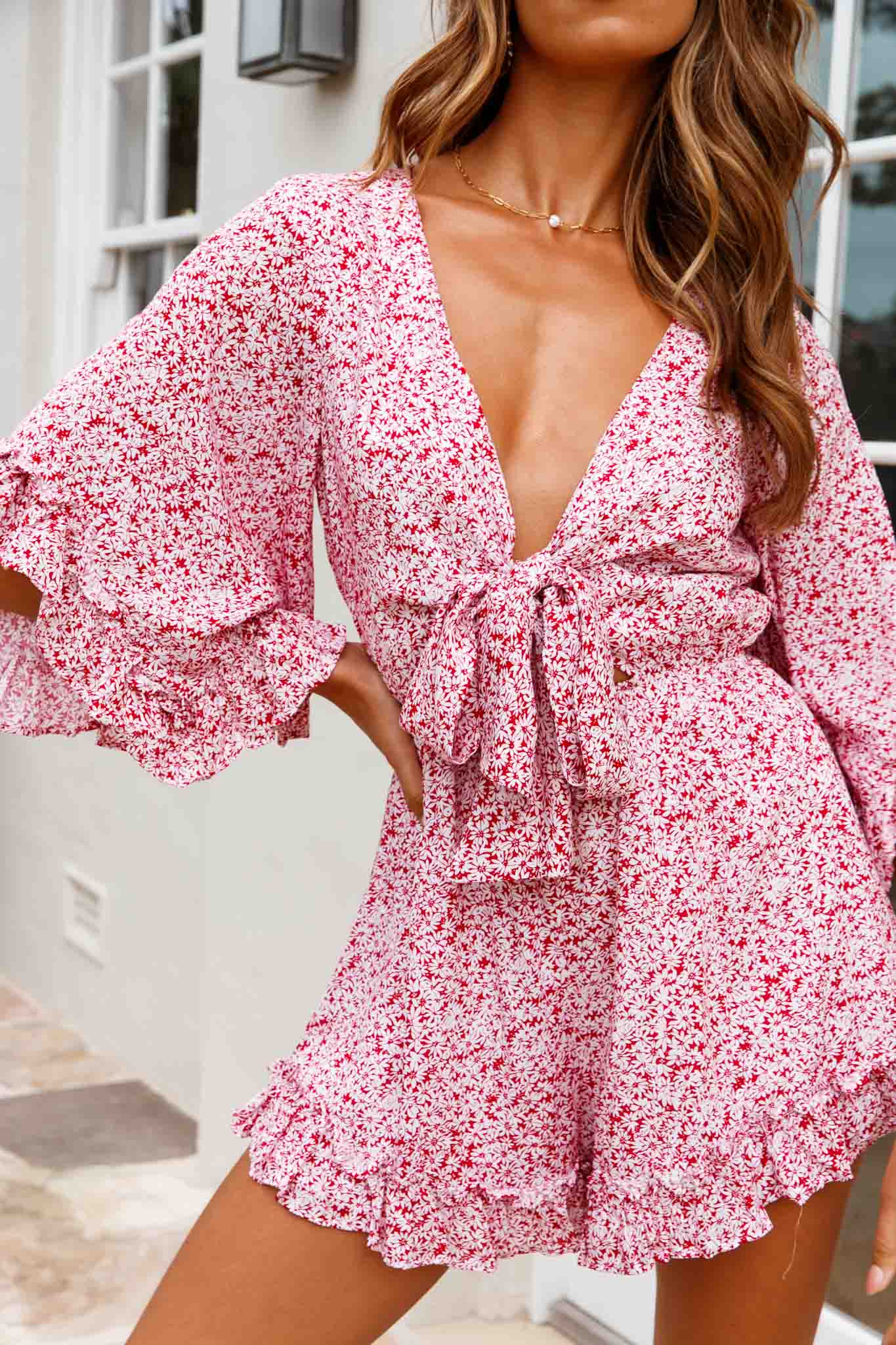 Athira Tied Bust Flared Sleeve Frill Romper Floral Print Red - Image 4