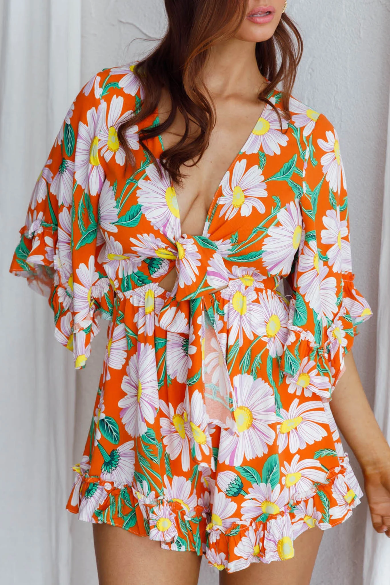 Athira Tied Bust Flared Sleeve Romper Daisy Orange - Image 4