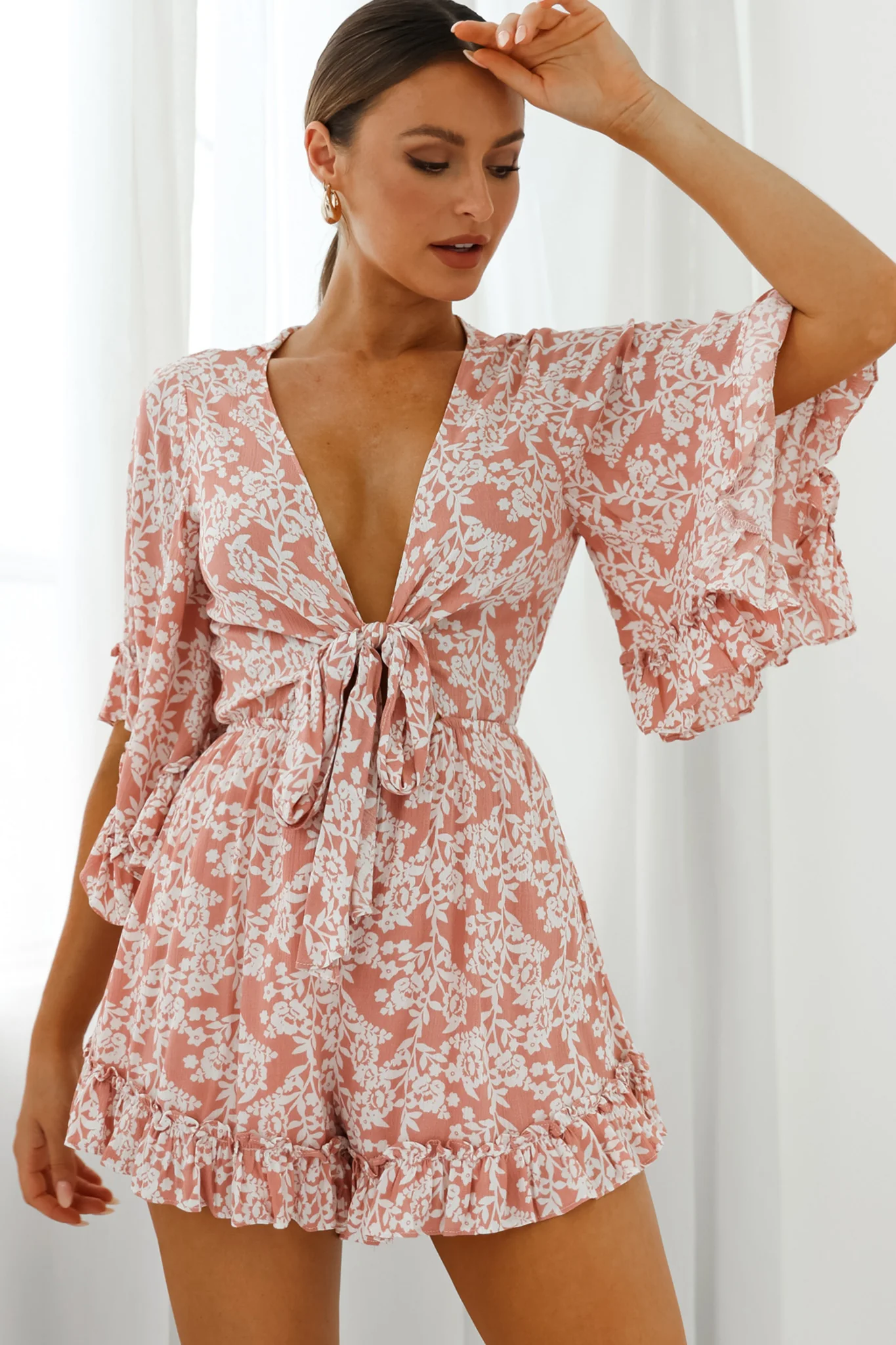 Athira Tied Bust Flared Sleeve Romper Floral Stencil Print Pink - Image 6