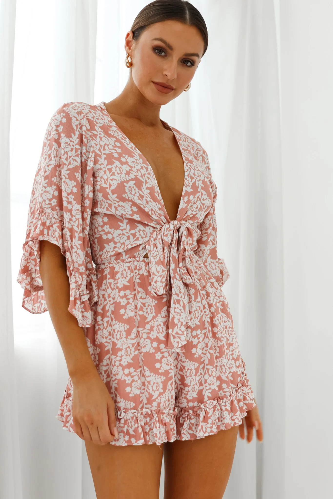 Athira Tied Bust Flared Sleeve Romper Floral Stencil Print Pink - Image 7