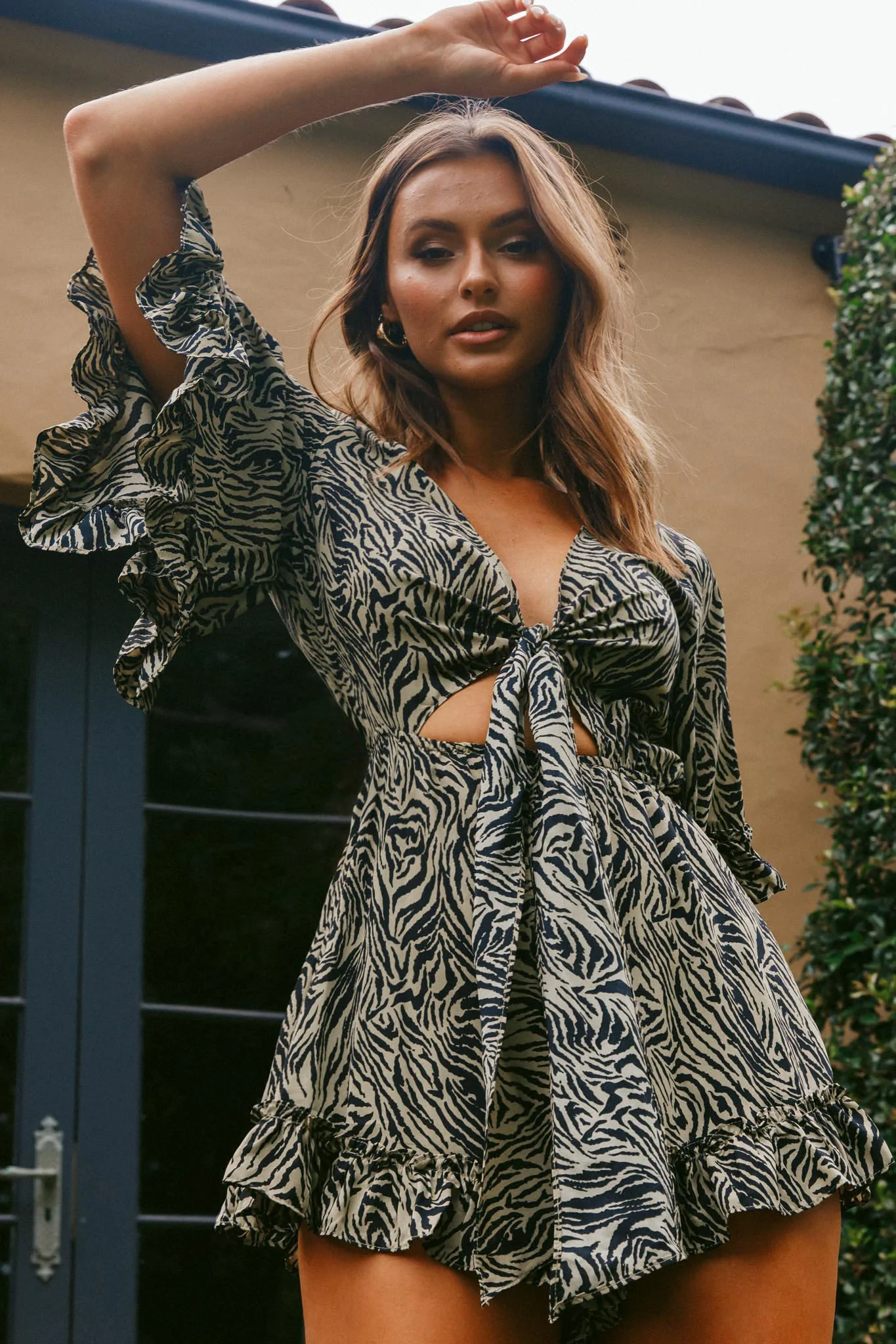 Athira Tied Bust Flared Sleeve Romper Zebra Print Black/Olive - Image 4