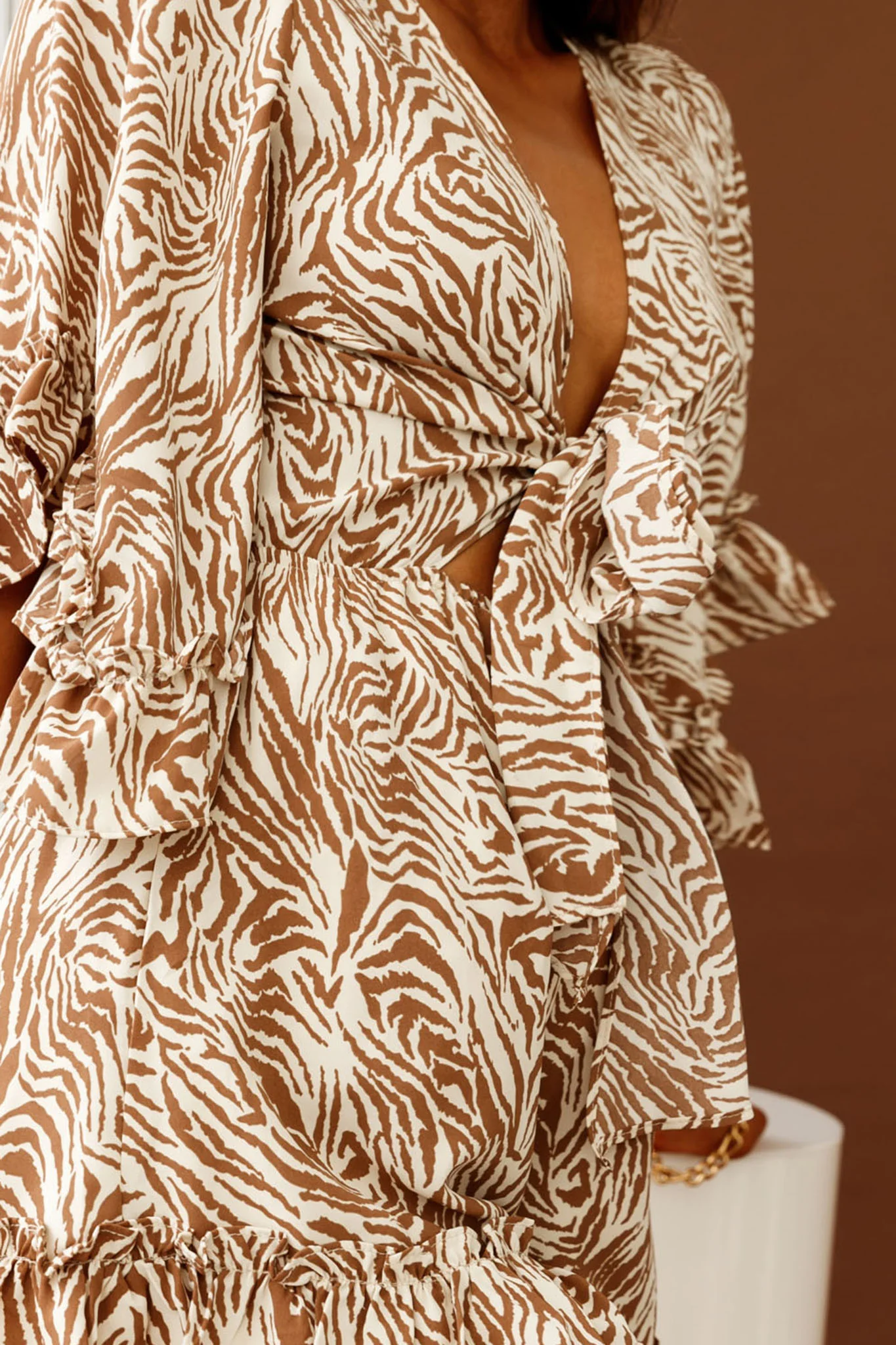 Athira Tied Bust Flared Sleeve Romper Zebra Print Brown/Beige - Image 4