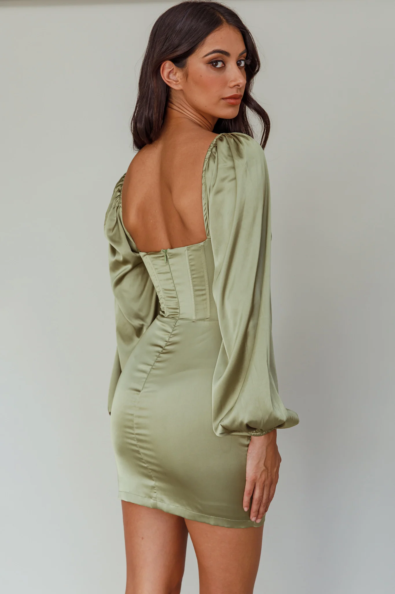 Au Revoir Long Sleeve Satin Mini Dress Sage - Image 2