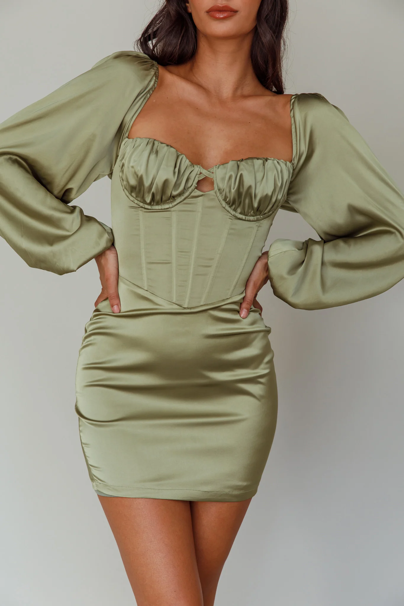 Au Revoir Long Sleeve Satin Mini Dress Sage - Image 4
