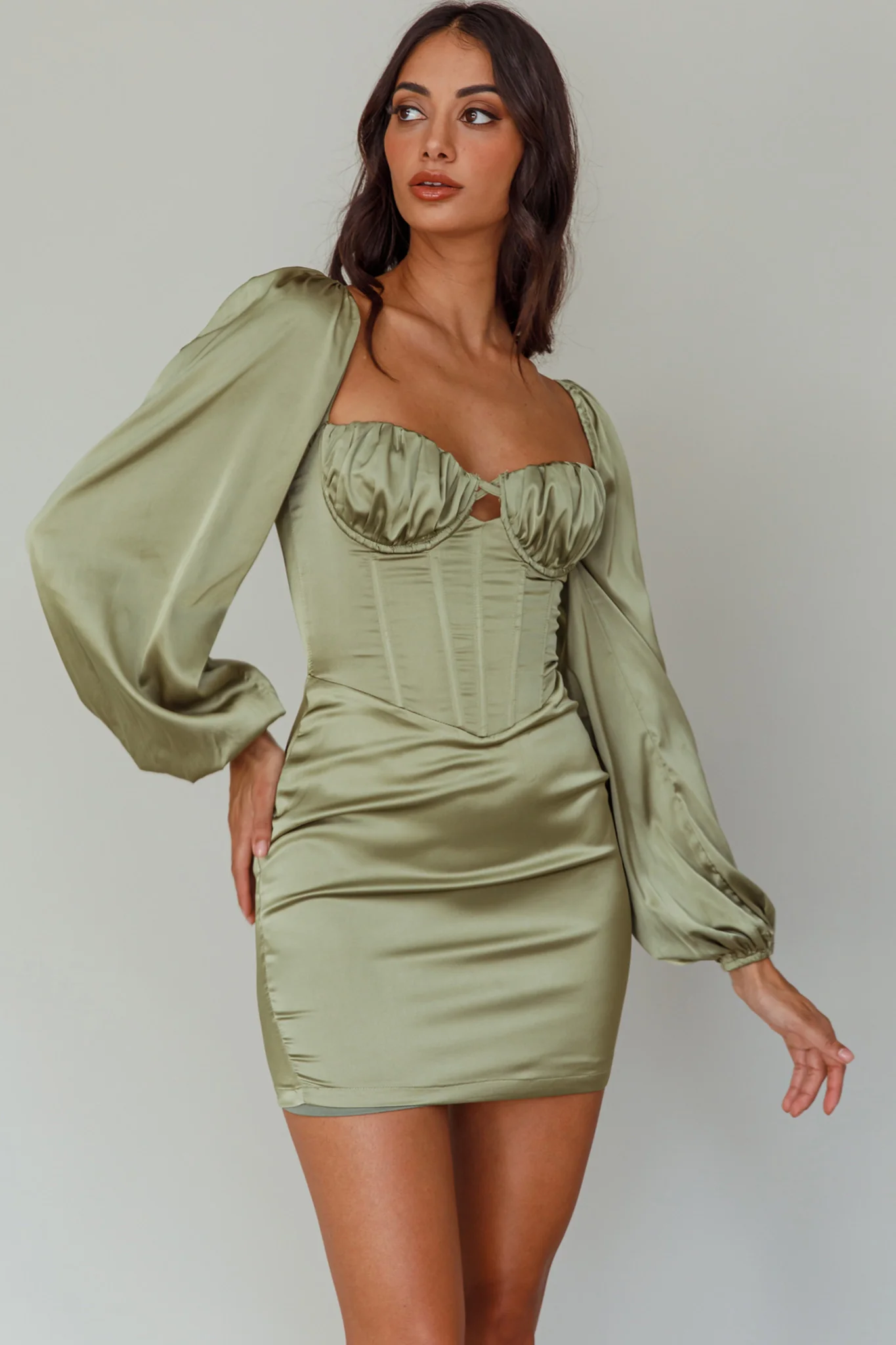 Au Revoir Long Sleeve Satin Mini Dress Sage - Image 5