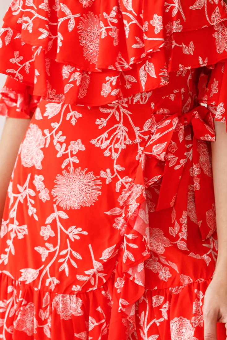 Audrina Off-Shoulder Wrap Dress Floral Print Red - Image 5