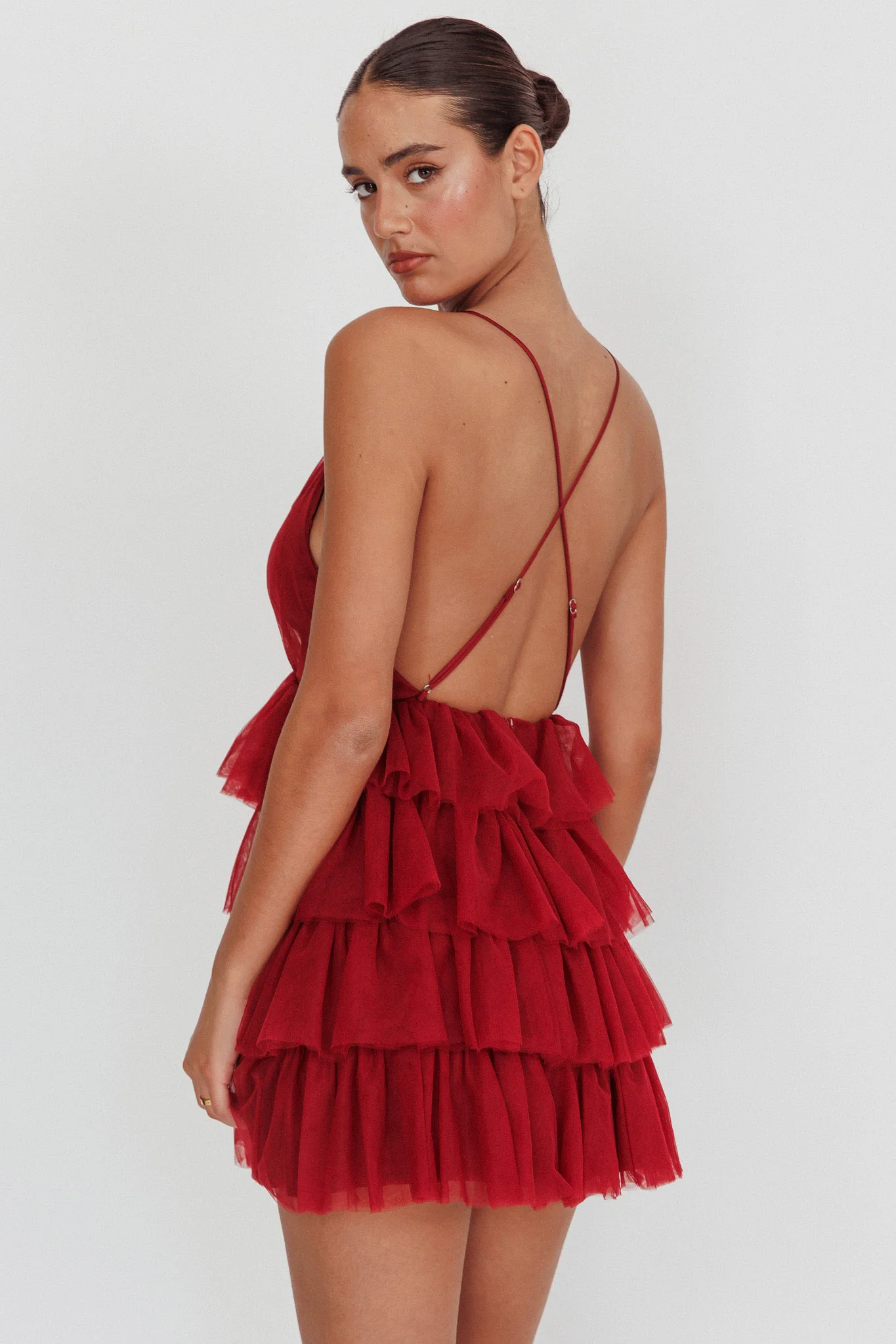 Auguste Tiered Frill Mini Dress Burgundy - Image 3