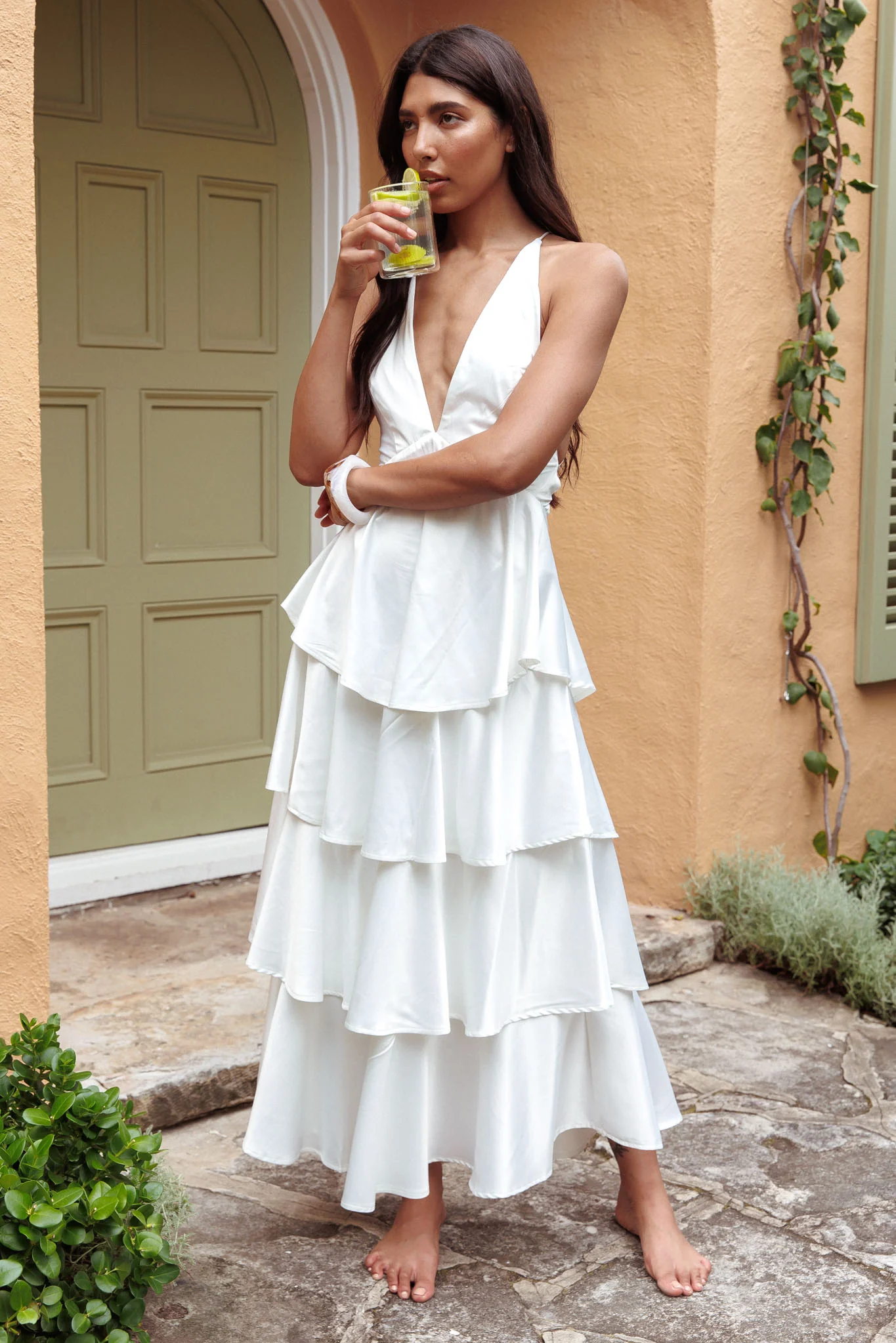 Auguste Tiered Frill Strappy Back Dress Ivory - Image 6