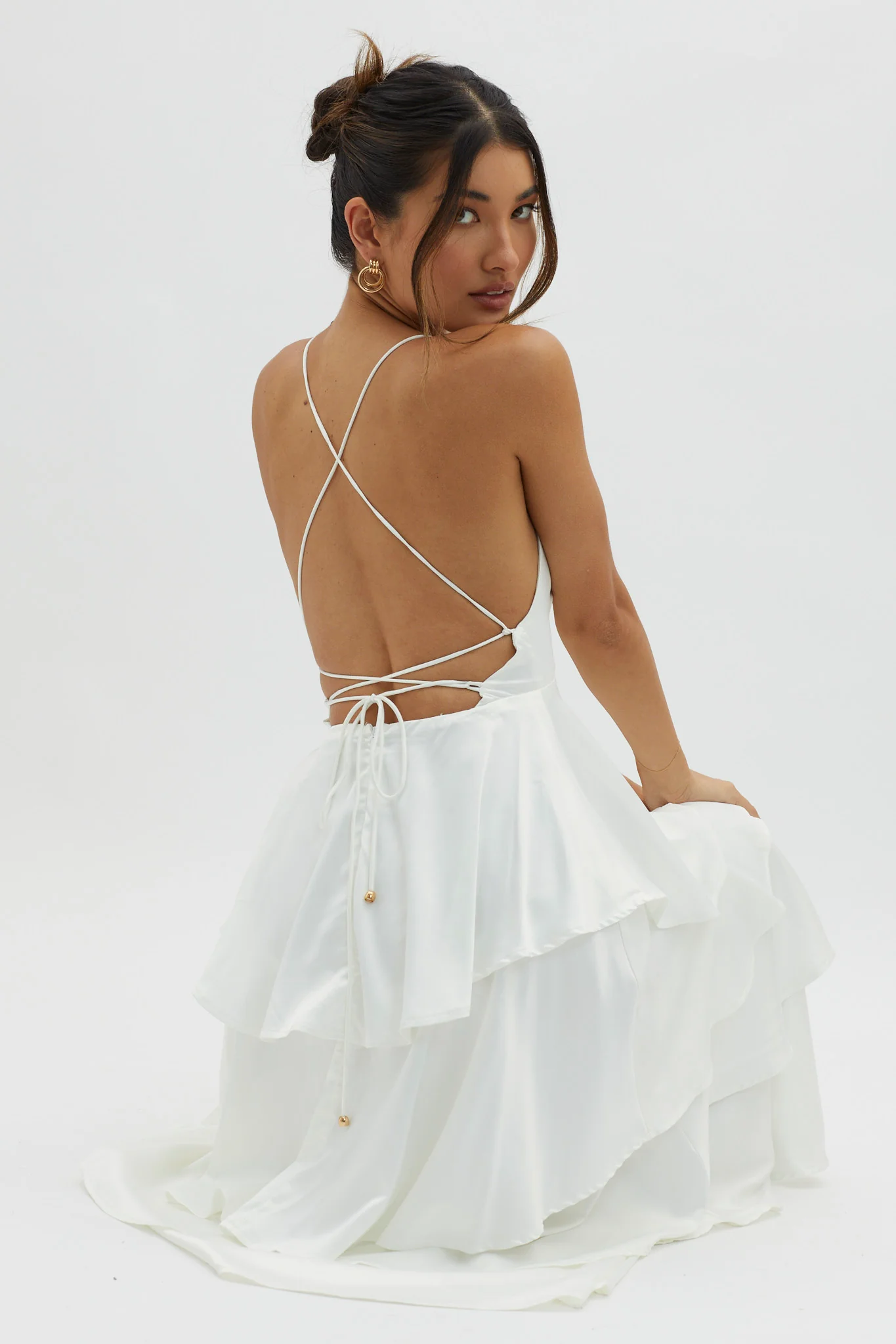 Auguste Tiered Frill Strappy Back Dress Ivory - Image 9