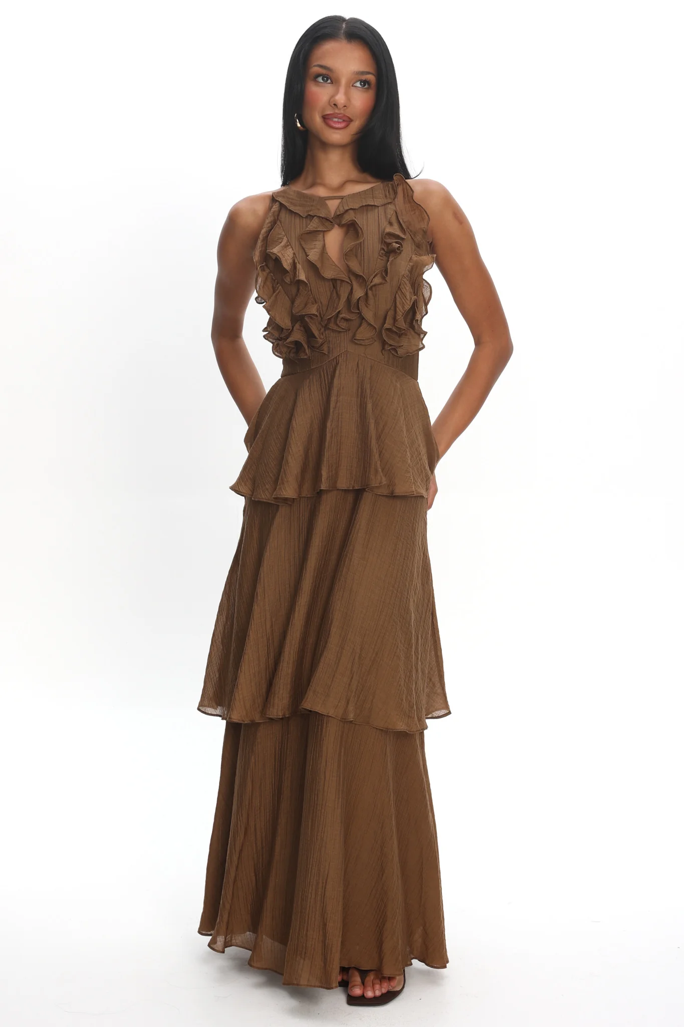 Aurika Tiered Ruffle Maxi Dress Coffee - Image 5